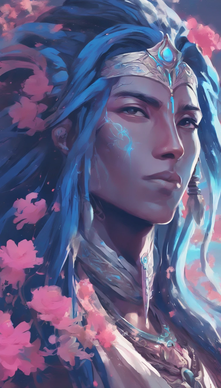 Blue skin，dreadlock hair，Male Lord Shiva，slender，pink there，a moon，florals，natta，chii，