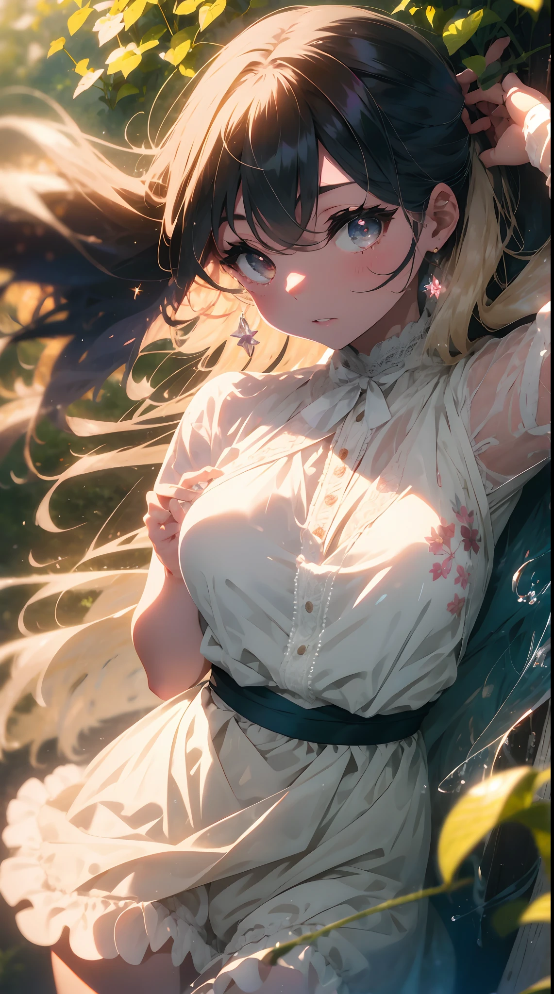 In the midst of a vibrant summer garden, there stands a breathtakingly beautiful girl, a vision of elegance and grace. Her radiant presence seems to illuminate the surroundings, drawing the gaze of all who pass by.

She has long, flowing chestnut hair that cascades in loose, silky waves down her back, catching the sunlight and shimmering with auburn highlights. A delicate floral hairpin, adorned with small, colorful blossoms, secures a portion of her hair away from her face, adding a touch of whimsical charm to her appearance.

Her skin is like porcelain, smooth and flawless, kissed by the gentle caress of the sun. A soft, natural blush graces her cheeks, giving her a healthy, rosy glow. Her almond-shaped eyes are a deep shade of hazel, reminiscent of the rich, earthy tones found in the forest. Long, dark lashes frame her eyes, casting subtle shadows on her high cheekbones.

She wears a dress that could only be described as a work of art. The bodice is made of delicate, cream-colored lace, adorned with intricate floral patterns that seem to bloom and entwine around her figure. The neckline is modestly adorned with a thin ribbon of satin, tied in a delicate bow.

The skirt of the dress is a flowing, ethereal masterpiece, made of layers of soft, pastel chiffon. Each layer is a different shade of pink, from the palest blush to a soft rose, creating a mesmerizing ombre effect as it billows around her with every step. The chiffon ripples like the petals of a blooming flower, catching the breeze and dancing in the wind.

Around her waist, a satin sash in a deeper shade of pink cinches the dress, accentuating her slender figure. The sash is adorned with a delicate, bejeweled brooch that adds a touch of sparkle and sophistication to the ensemble.

Her attire is completed by dainty, ivory-colored ballet flats that allow her to move gracefully through the garden, as if she were a part of the very landscape itself. She carries a small wicker basket filled with freshly picked w