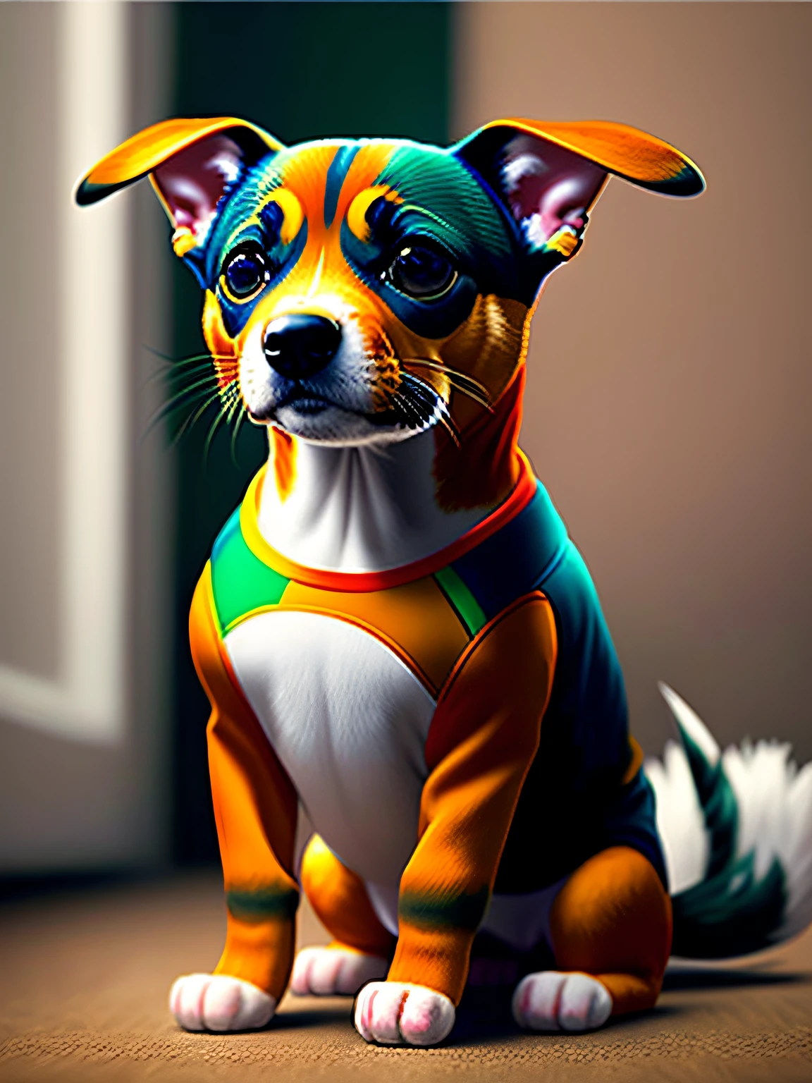 Bonito Pinscher Dog Pet sorrindo, Eat a piece of sausage, com terninho fit, Art Station Trend, vestido com roupas estilosas, hyper realistic detailed rendering, Brinquedo, Estilizado, vetorial pesado, membro de italiano, Estilo urbano, Pose intimidadora, planeta dos gatos, roupas da moda, guerreiro Urbano, Auuuu, West Slavic traits, 8 1 5