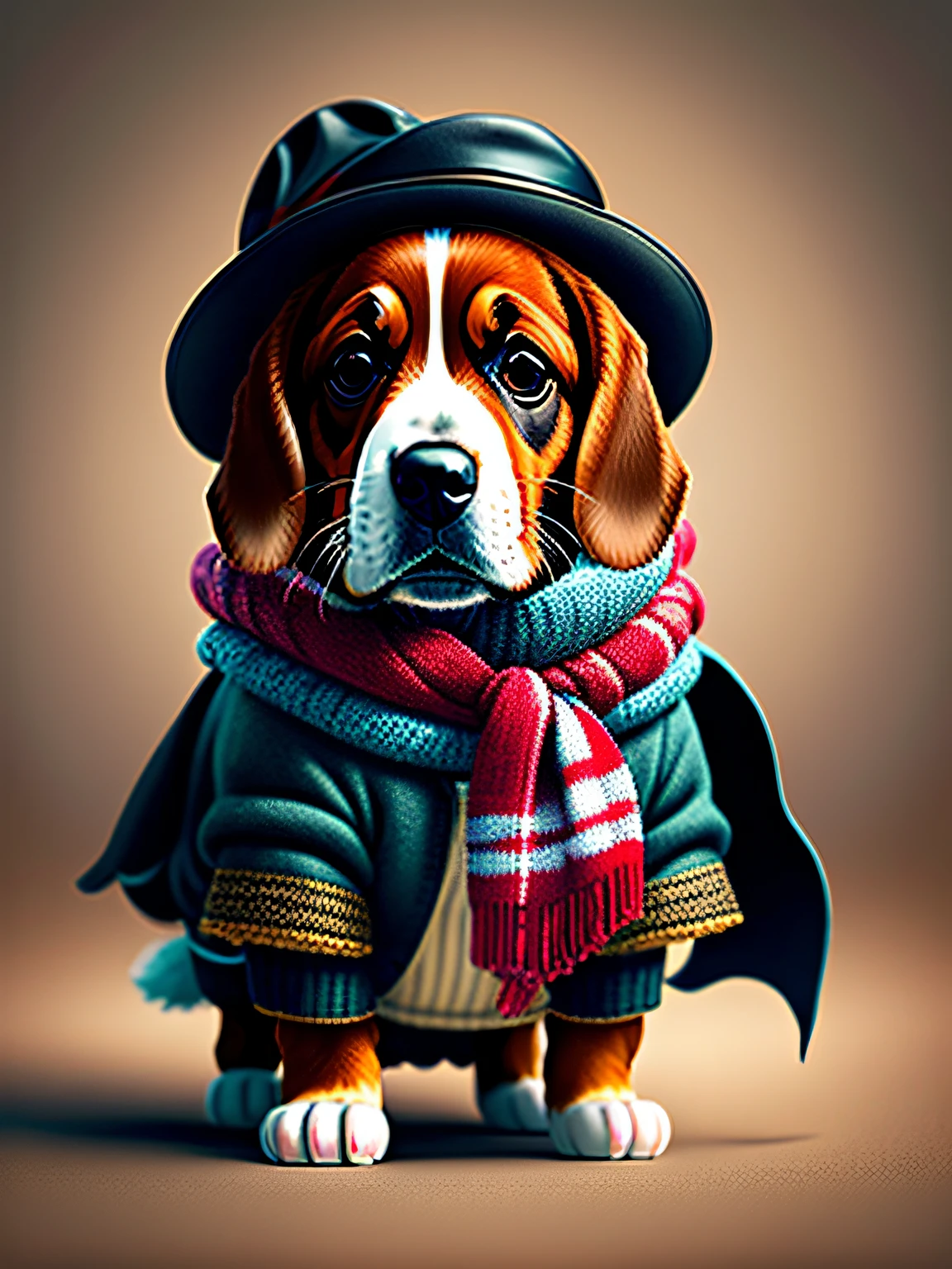 Cute Basset Dauchau Dog Pet with Hat and Scarf, Art Station Trend, vestido com roupas cyberpunk, hyper realistic detailed rendering, brinquedo, Estilizado, vetorial pesado, British gang member, Estilo urbano, Pose intimidadora, planeta dos gatos, roupas da moda, guerreiro Urbano, Auuuu, West Slavic traits, 8 1 5