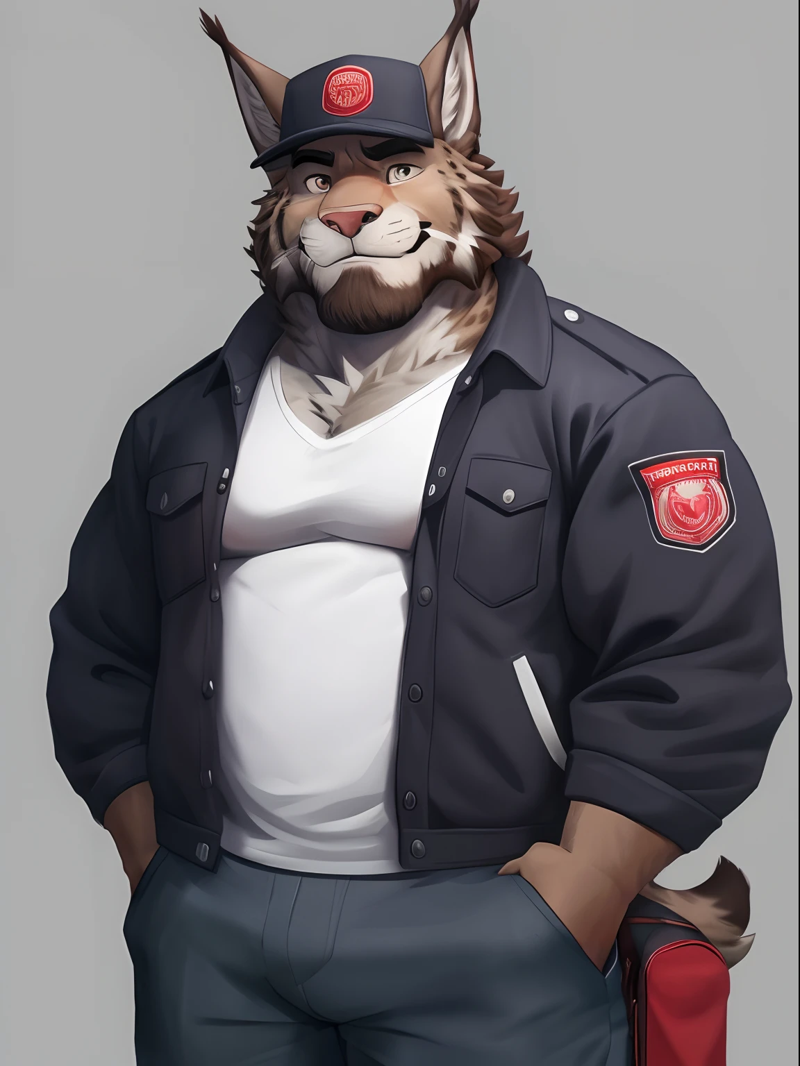 Half portrait, standing straight, an adult male lynx, casual posing, gray furs, brown rosette pattern, mature adult, gruff looking, masculine features,
sharp eyes, beard, bulky built, medium muscles definition, wearing a working uniform, wearing denim jacket, working as a delivery driver , looking to viewer, facing forward, calm expression (soft smile),