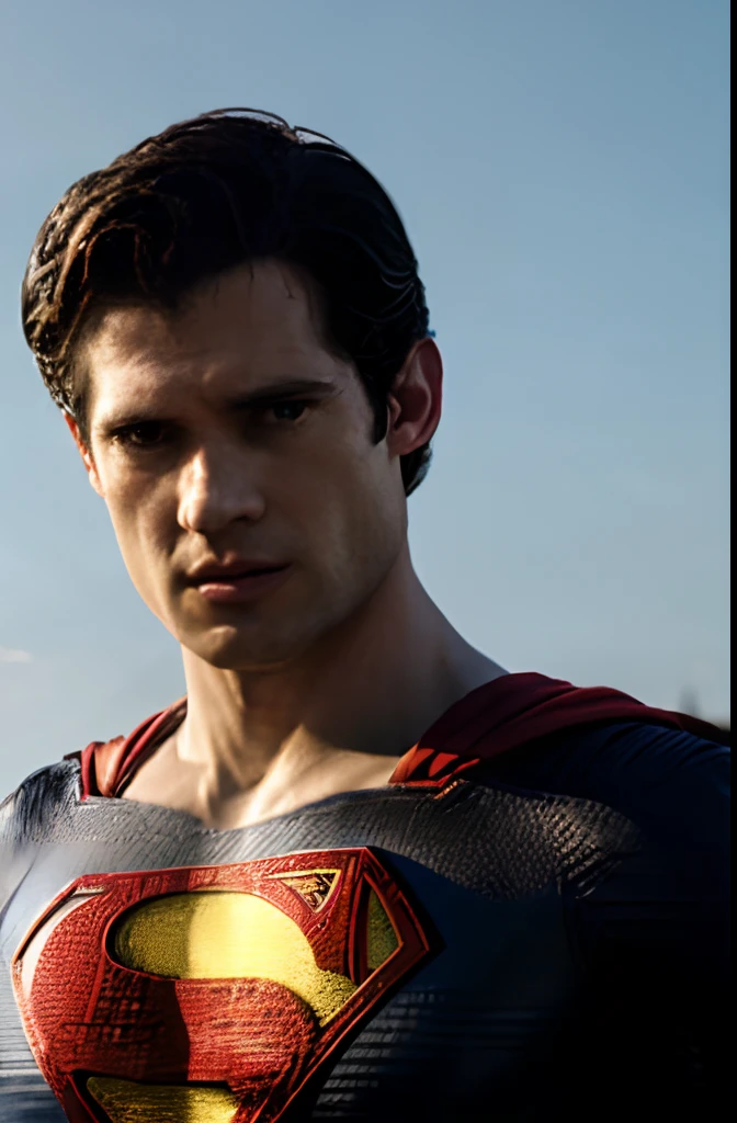 Full body portrait of actor David Corenswet wearing the Superman costume from "Man of Steel." The scene features a blurred cityscape background with wind blowing his hair and a serious expression. Use the chiaroscuro technique to create striking contrast.