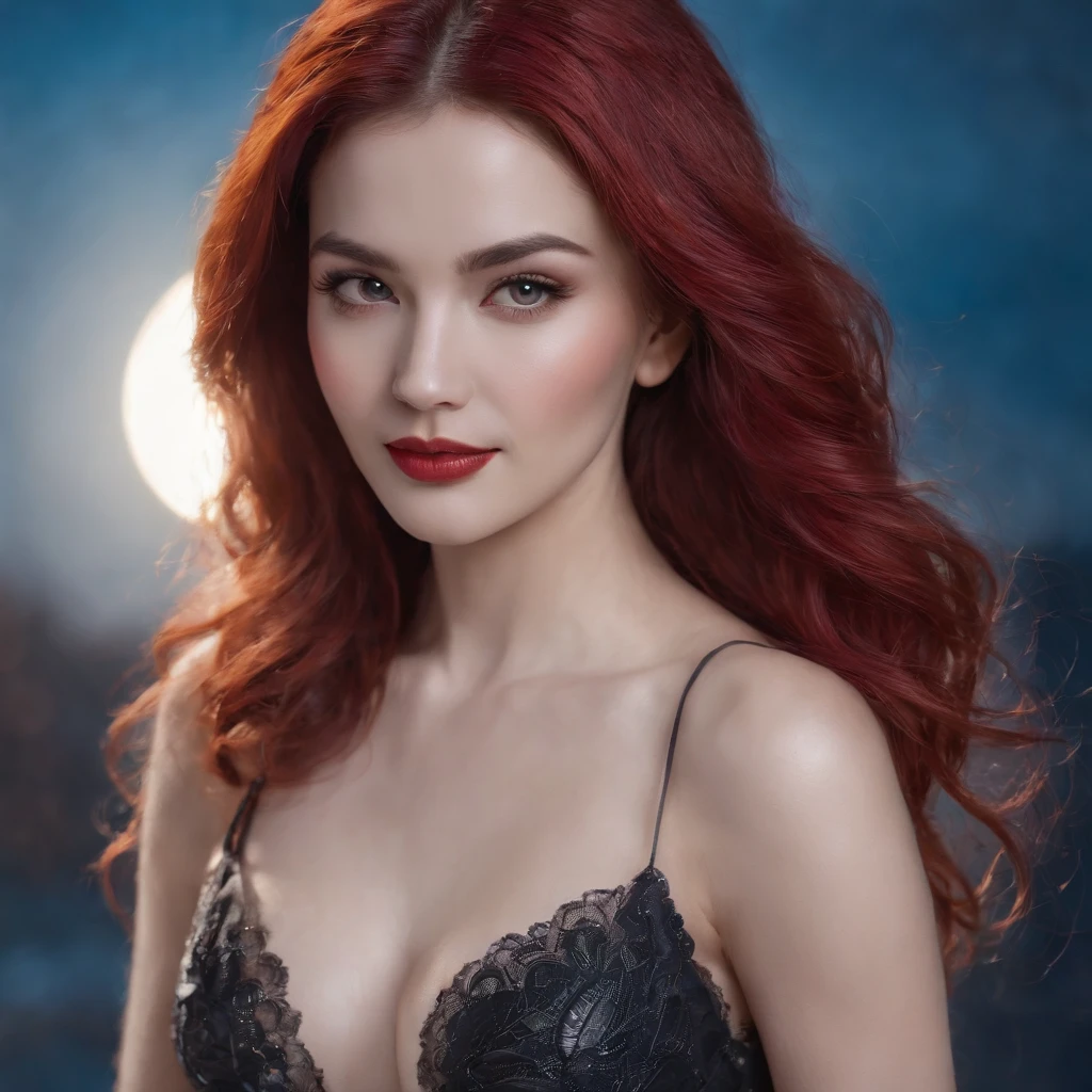 ((best quality)), ((masterpiece)), ((inked)), ((night)), (dynamic sexy pose), majestic intricately detailed soft oil painting by jim lee, professional full body shot, spiderwoman, long ringlets red hair, extremely beautiful eyes, long eyelashes, young, white, red see-through spider bodysuit, sensuous pose, provocative pose, spider webs, claws, dark alley background. Smile expressions. Moon time, moon light. Cool vibrant colors.