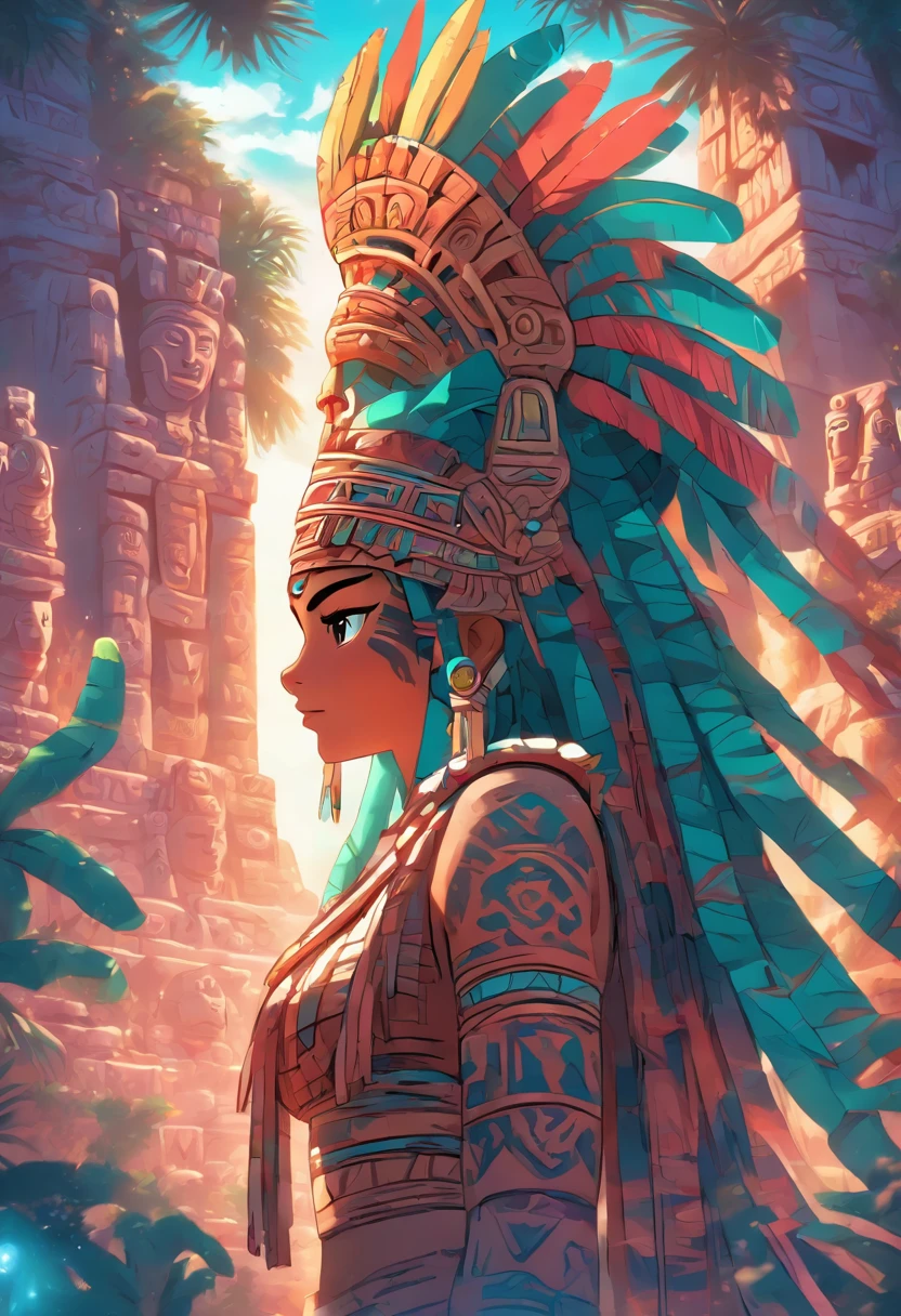 (((Mayan goddess)))best quality, ultra-high resolution, 4K detailed CG, master piece,Xquic,waning moon goddess, woman,Mayan clothing,Mayan mythology,cactus, stream, desert, sunlight,(( tree)) Mexico, aesthetics, Beautiful image, centered on the screen