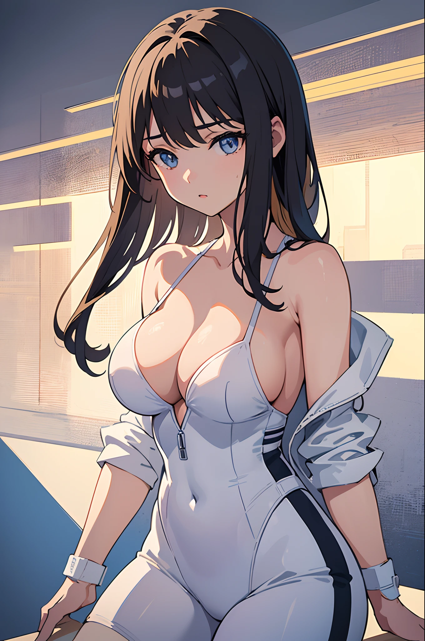 (Masterpiece:1.2, Best quality), cleavage，Large breasts，white  shirt，Suits，sporty attire，gymnastic suit，(fine detailed beautiful eyes: 1.2), 1girll,Large breasts, Bare shoulders, Beautiful concept illustration, (White background:0.5), (illustration:1.1), (Extremely fine and beautiful:1.1), (Perfect details:1.1),  Cowboy shot,