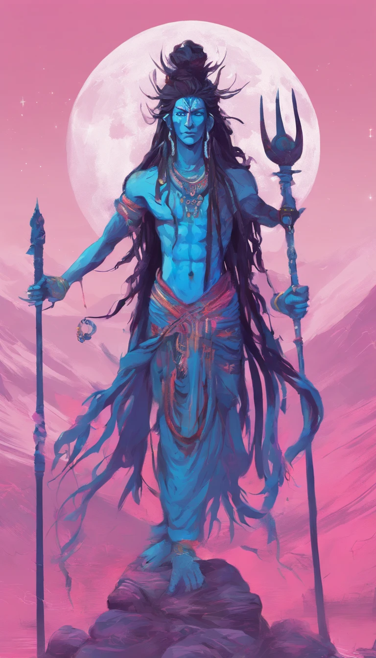 Blue skin,dreadlock hair,Male Lord Shiva,slender,pink there,a moon,florals,natta,chii,