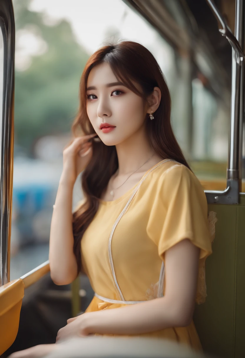 realistic photos of cute Korean star female, uneven twintails, thin makeup, medium breasts size, slightly smile, color t-shirt, in the bus, clear facial features ofsharp and realistic details, Sony FE, 35mm, cinematic lighting, high details, UHD, high quality, HD, 8k, 16k
