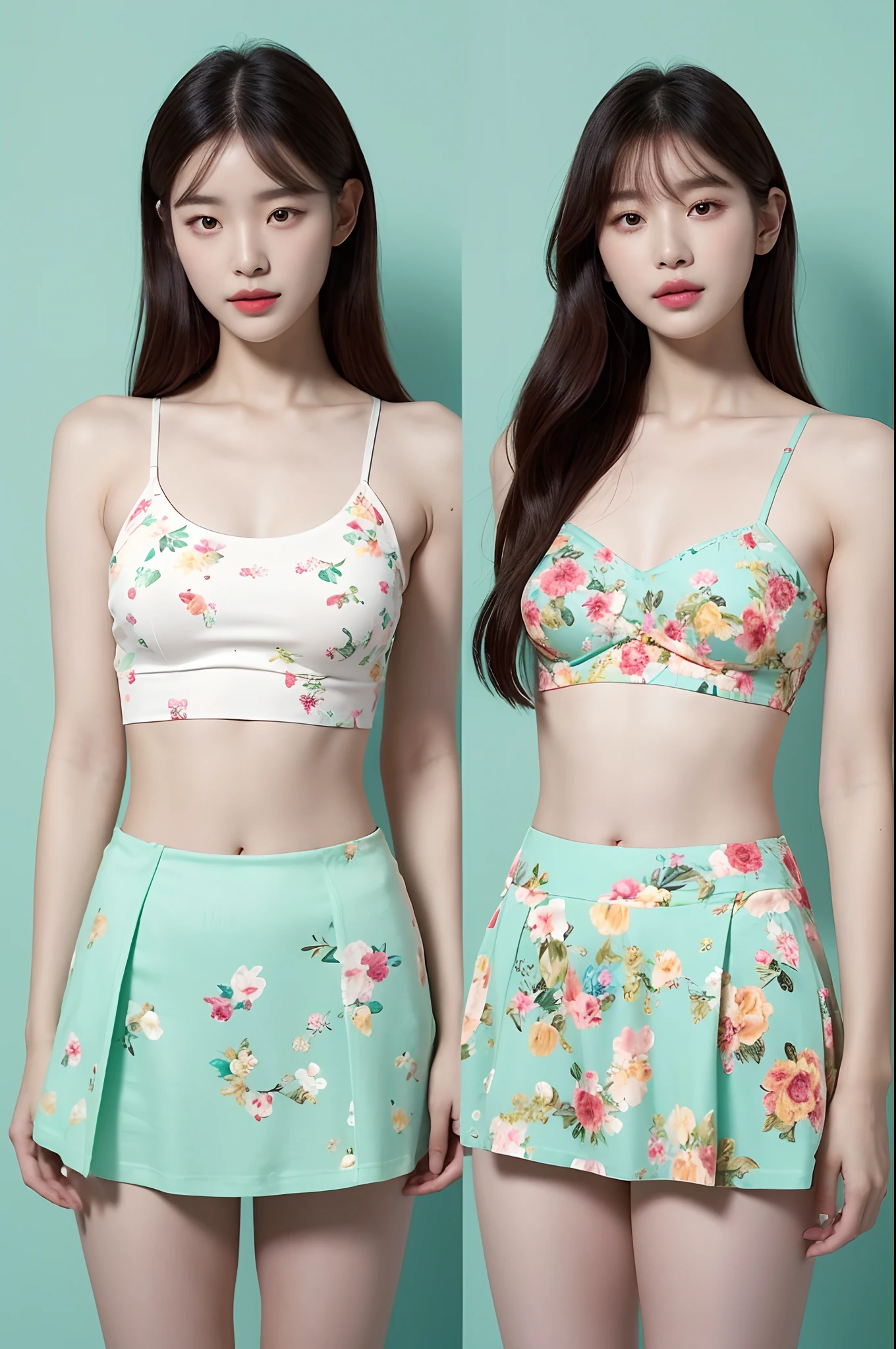 a woman in a floral crop top and mint skirt posing for a picture, croptop, crop top, bralette, wearing white camisole, bae suzy, wearing a camisole, physical : tinyest midriff ever, gorgeous young korean woman, heonhwa choe, cutecore, lulu chen, reluvy5213