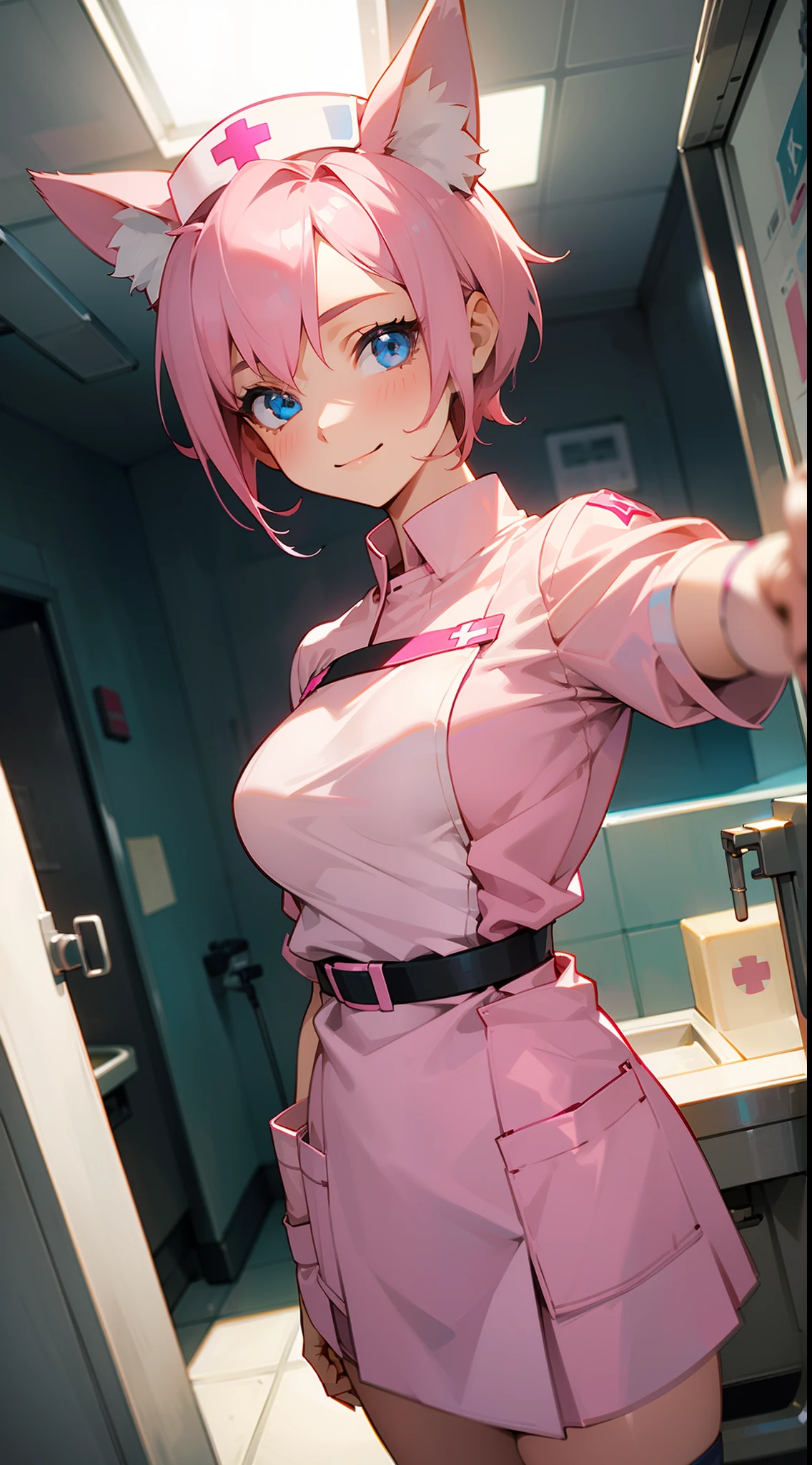 1teen girl, 15 years old,solo, short hair, medium breasts,fox ears,(pink hair), blue eyes, smile, standing, dynamic pose, 8k, masterpiece, best quality, cowboy shot, (nurse uniform), ((hospital, surgery room))