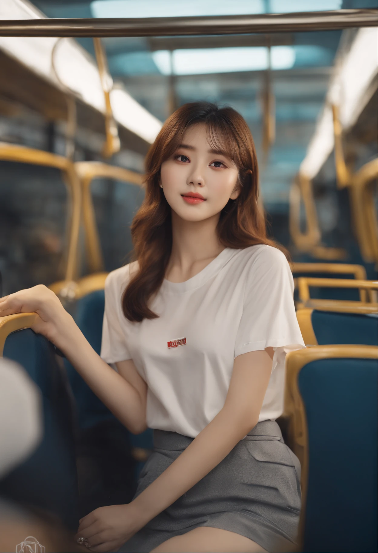 realistic photos of cute Korean star female, uneven twintails, thin makeup, medium breasts size, slightly smile, color t-shirt, in the bus, clear facial features ofsharp and realistic details, Sony FE, 35mm, cinematic lighting, high details, UHD, high quality, HD, 8k, 16k