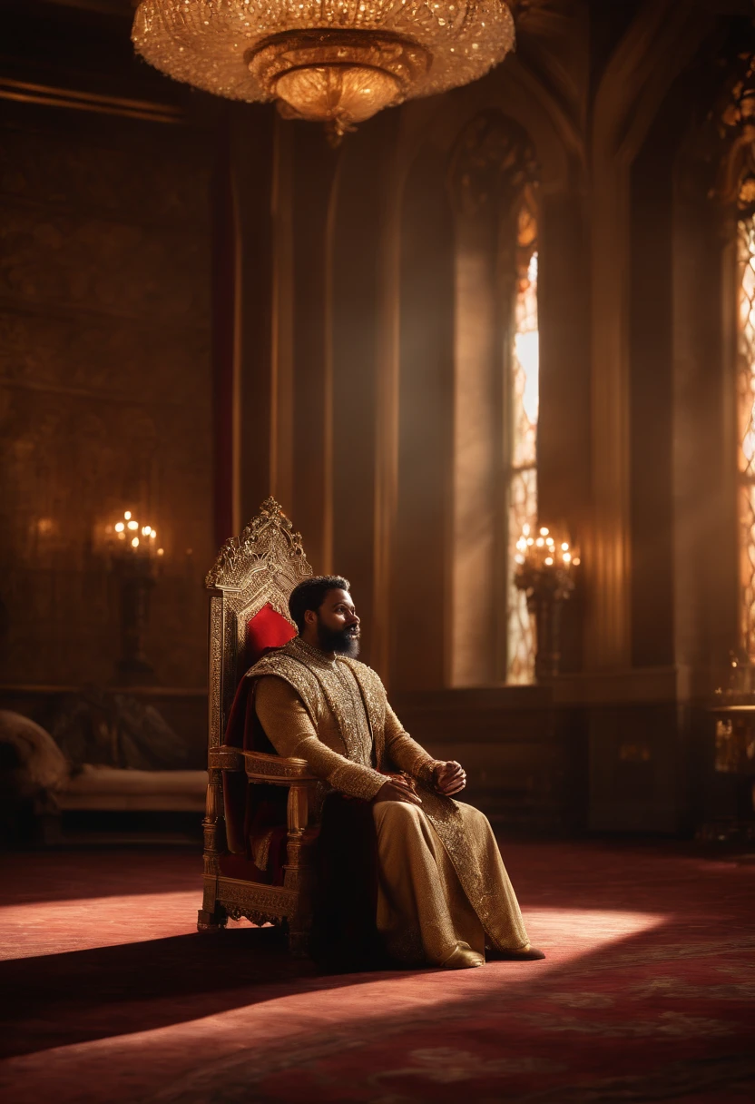 (best quality,4k,8k,highres,masterpiece:1.2),ultra-detailed,(realistic,photorealistic,photo-realistic:1.37),portrait,man,king,brown skin,well built,muscular body,sitting on throne,regal,royal attire,crown,black hair,beard,intense gaze,composed expression,elegant posture,richly decorated throne room,ornate furniture,gold accents,velvet drapes,luxurious carpet,soft lighting,dappled sunlight streaming through stained glass windows,deep shadows,subtle gradient background,subdued warm color palette,subtle highlights and shadows,high contrast,meticulous attention to detail,accurate proportions,life-like texture,clear facial features,craftsmanship,impressive presence.
