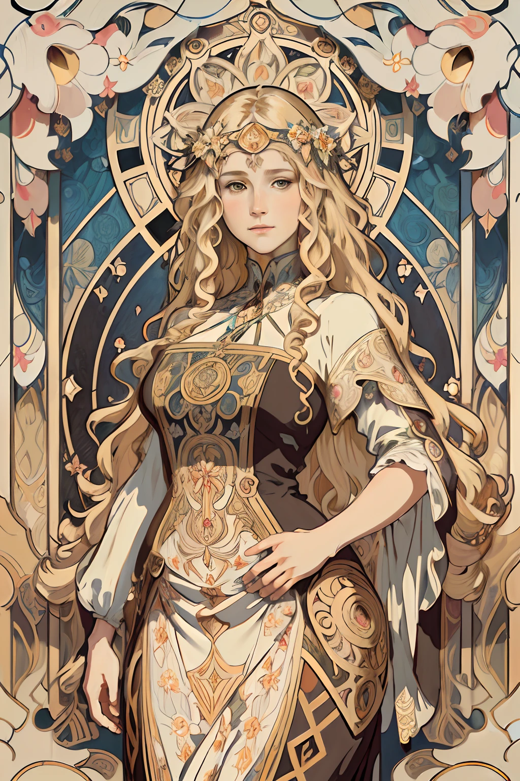 face portrait of a  European female , long curly hair, blond, floral frame, Decorative panels, abstract
artistic, by Alphonse Mucha, (Masterpiece, Best Quality, Highres:1.4), Detailed, Intricate Details, 4K, color splashes, line art,   fibonacci, in style of tarot card