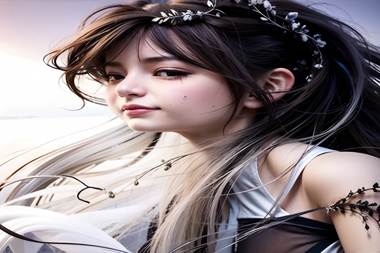 Spirited away: girl, brown hair, girl with long white hair, white dress with purple edges
