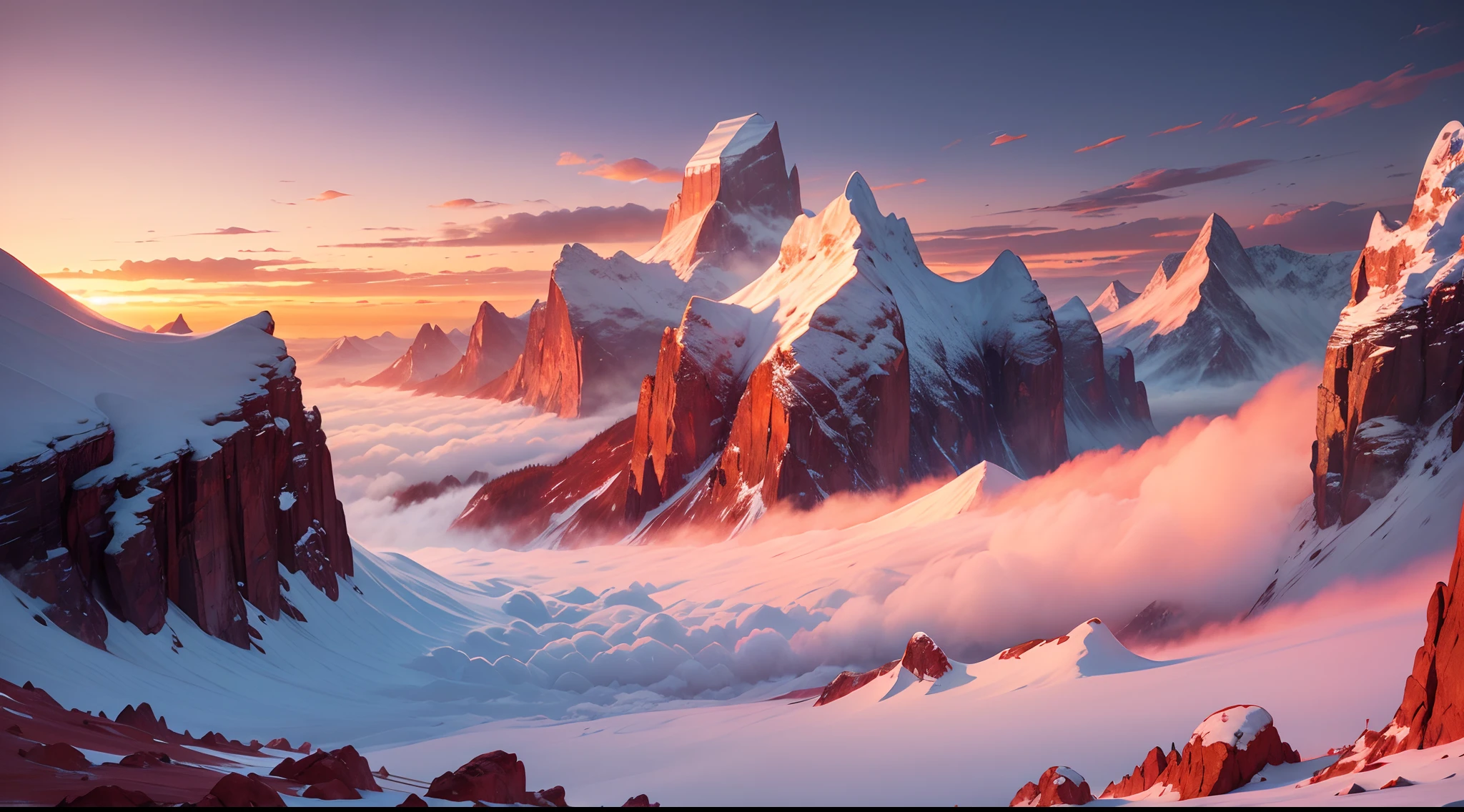 ultraclear,Snow-capped mountains,Sea of Clouds,Fiery red morning glow,wide angles,large scene,spectacular,((Overlooking)),Faraway view,sheer cliffs,A bridge between the hills