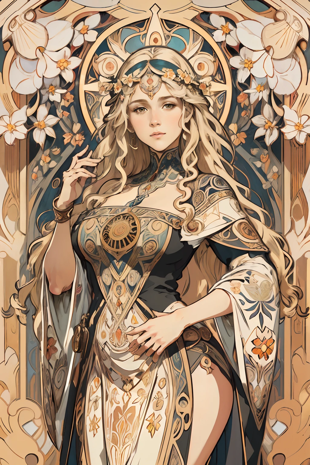 deusa Atena,Goddess of war,full bodyesbian,Flower frame,Decorative panels, abstract artistic, Alphonse Mucha (tmasterpiece, best qualtiy, A high resolution: 1.4), A detailed, Complicated details, 4K, Color splattering, Line art, Fibonacci, starrysky, natta, exteriors, Clouds, Reflectors, Eau, magick, (tarot cards),Cards, ((beautiful golden crystal star)) buliding, palaces, Patterned, Sumeru, Clouds, themoon