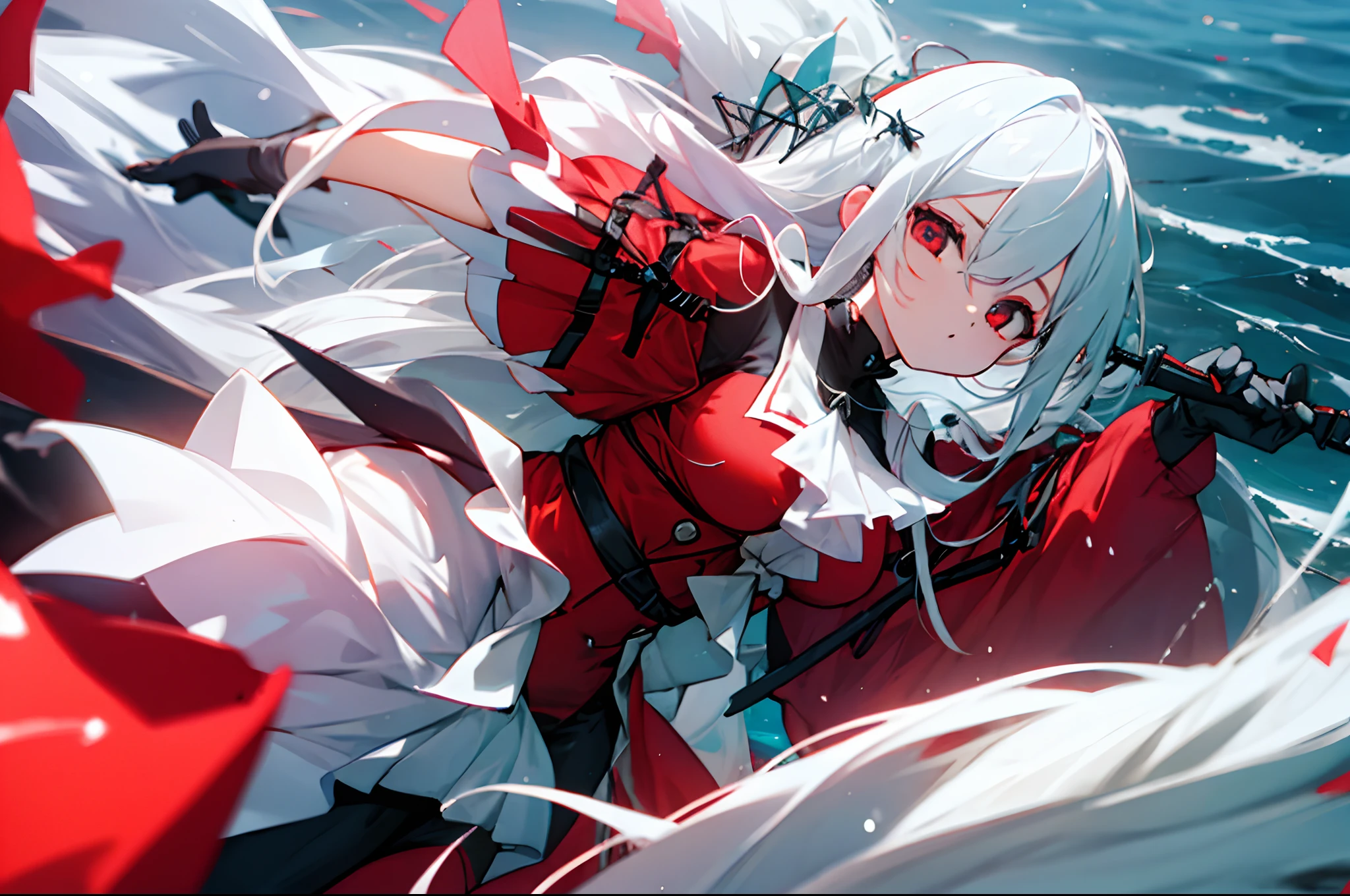  girl，the sea，White color hair，red color eyes，nigth