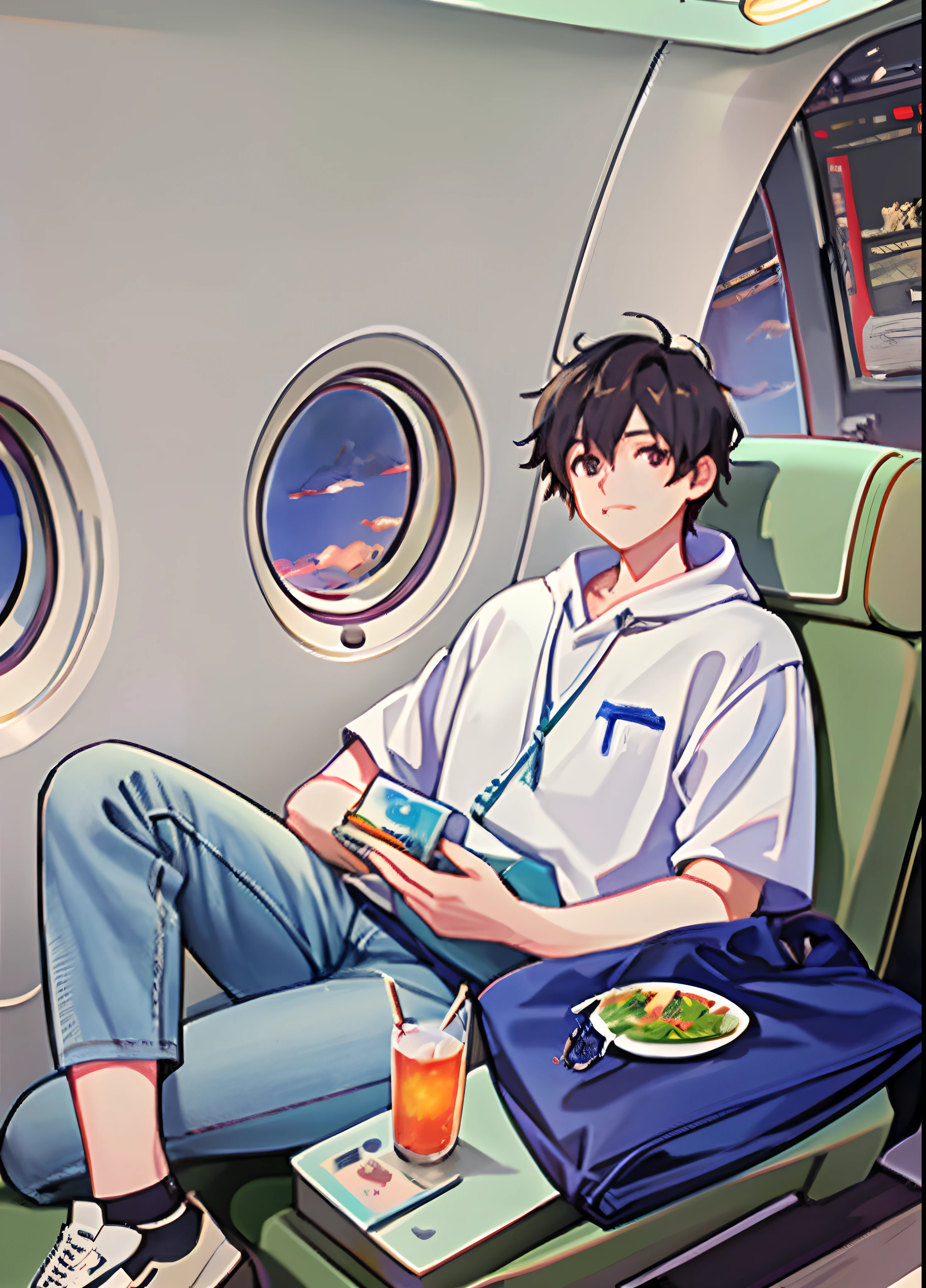 anime - style illustration of a man sitting in a plane with a book and a drink, lofi artstyle, lofi portrait, high quality anime artstyle, anime aesthetic, lofi, anime asthetic, lofi art, 🚿🗝📝, makoto shinkai style, in anime style, makoto shinkai art style, lofi feel