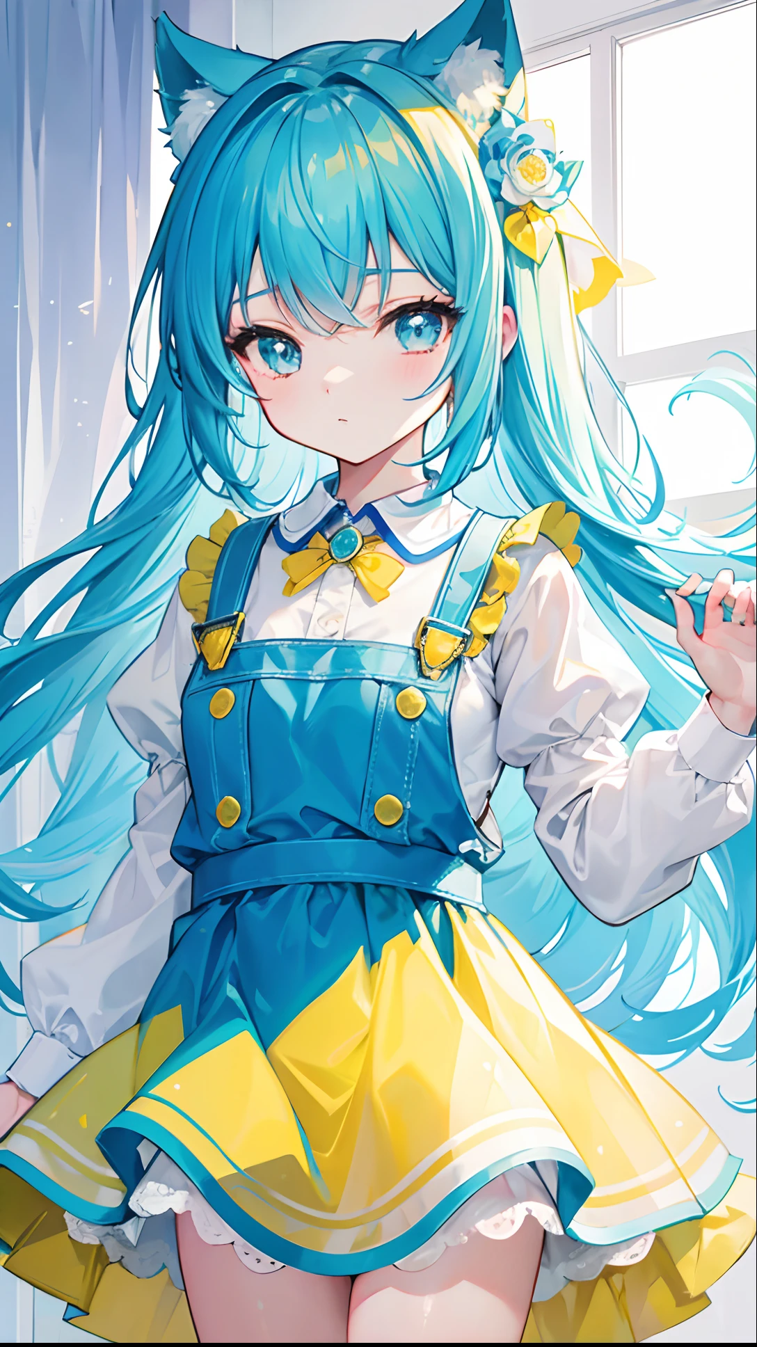 Glow: Light bluish yellow,There is hair and pupils,Blue clothes, yellow and white,Sweet loli girl,Overall gloss