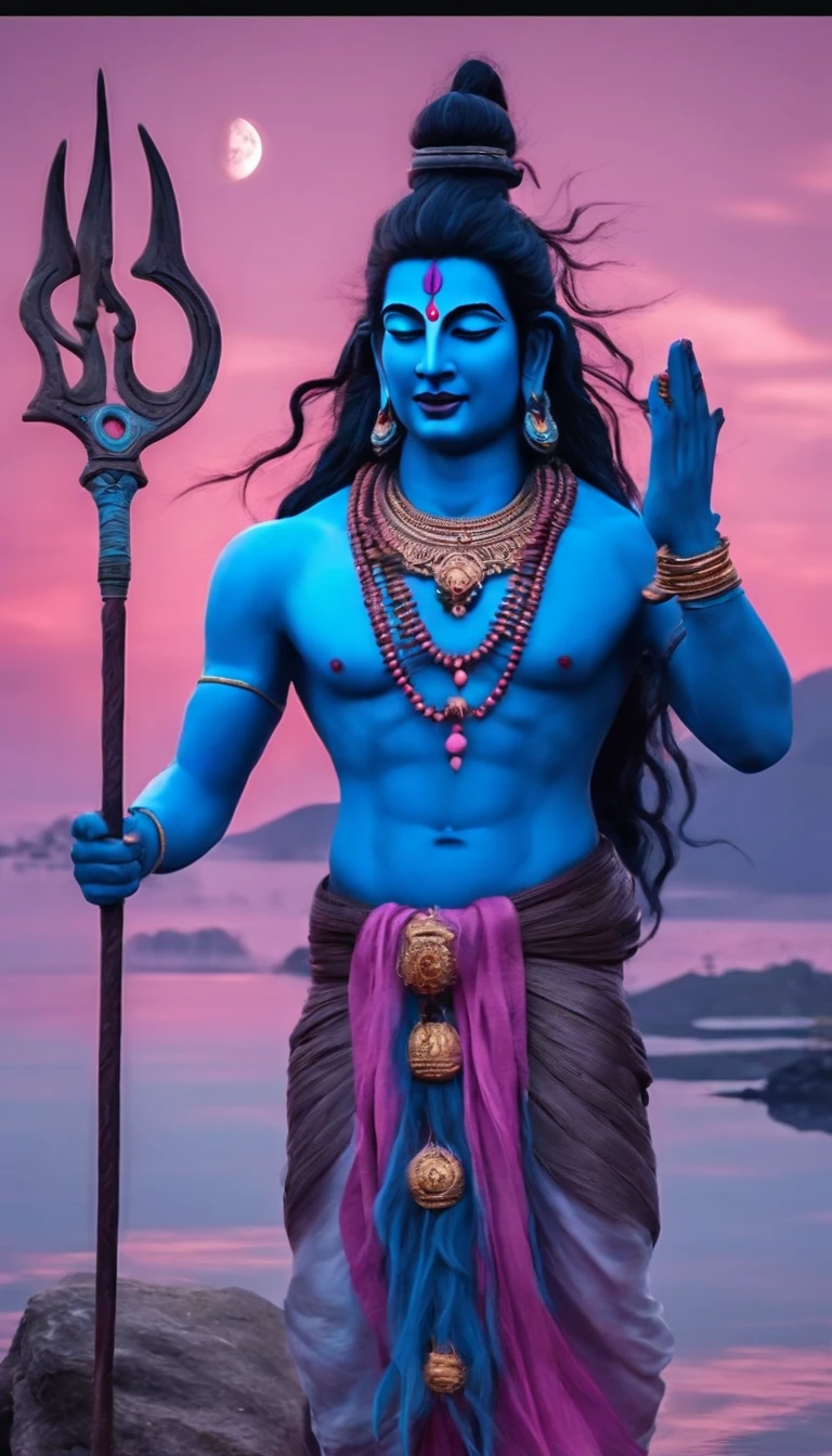 Blue skin，dreadlock hair，Male Lord Shiva，slender，pink there，a moon，，natta，lake