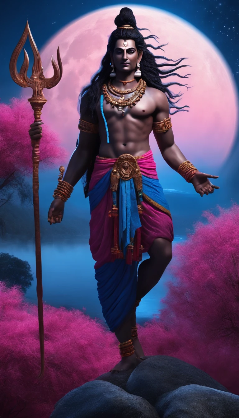 Blue skin，dreadlock hair，Male Lord Shiva，slender，pink there，a moon，，natta，lake