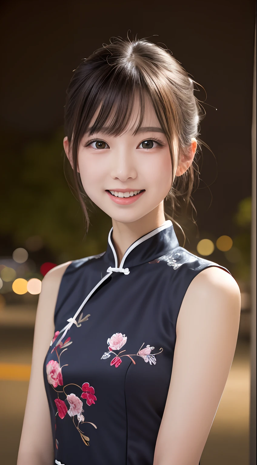 masutepiece, Best Quality, 8K, ers old, Teen, Raw photo, absurderes, award winning portrait, Smile, Solo, (Night:1.8), Idol face, violaceaess, Delicate girl, Upper body, Digital SLR, Looking at Viewer, Candid, Sophisticated,Thin arms, Professional Lighting, Film grain, chromatic abberation, (Eyes and faces with detailed:1.0), (Bokeh:1.1) , (qipao dress:1.1) , closes mouth