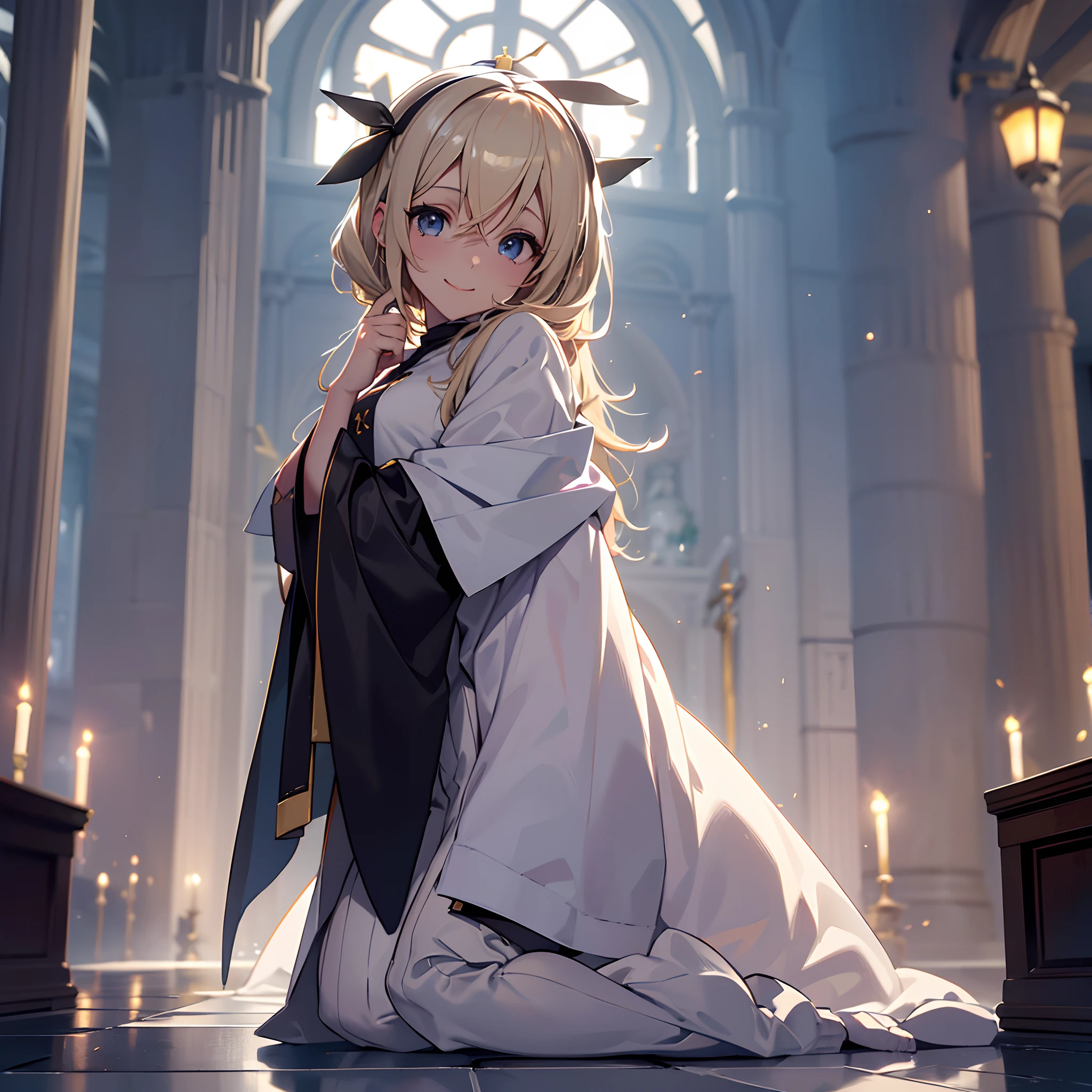 (obra maestra, mejor calidad, alta calidad, highres: 1.4), detallado, extremadamente detallado, soft ambient lighting, 4K, kagamine rin (vocaloid), (cabello largo, cabello rubio, cabello liso, cabello liso: 1.3), (ojos azules, sonrisa: 1.2), pechos enormes, cintura voluptuosa y estrecha, (traje de monja sexy, escote: 1.3), arrodillado, manos en el pecho, desde arriba, Marble floor, iglesia, rayos de luz