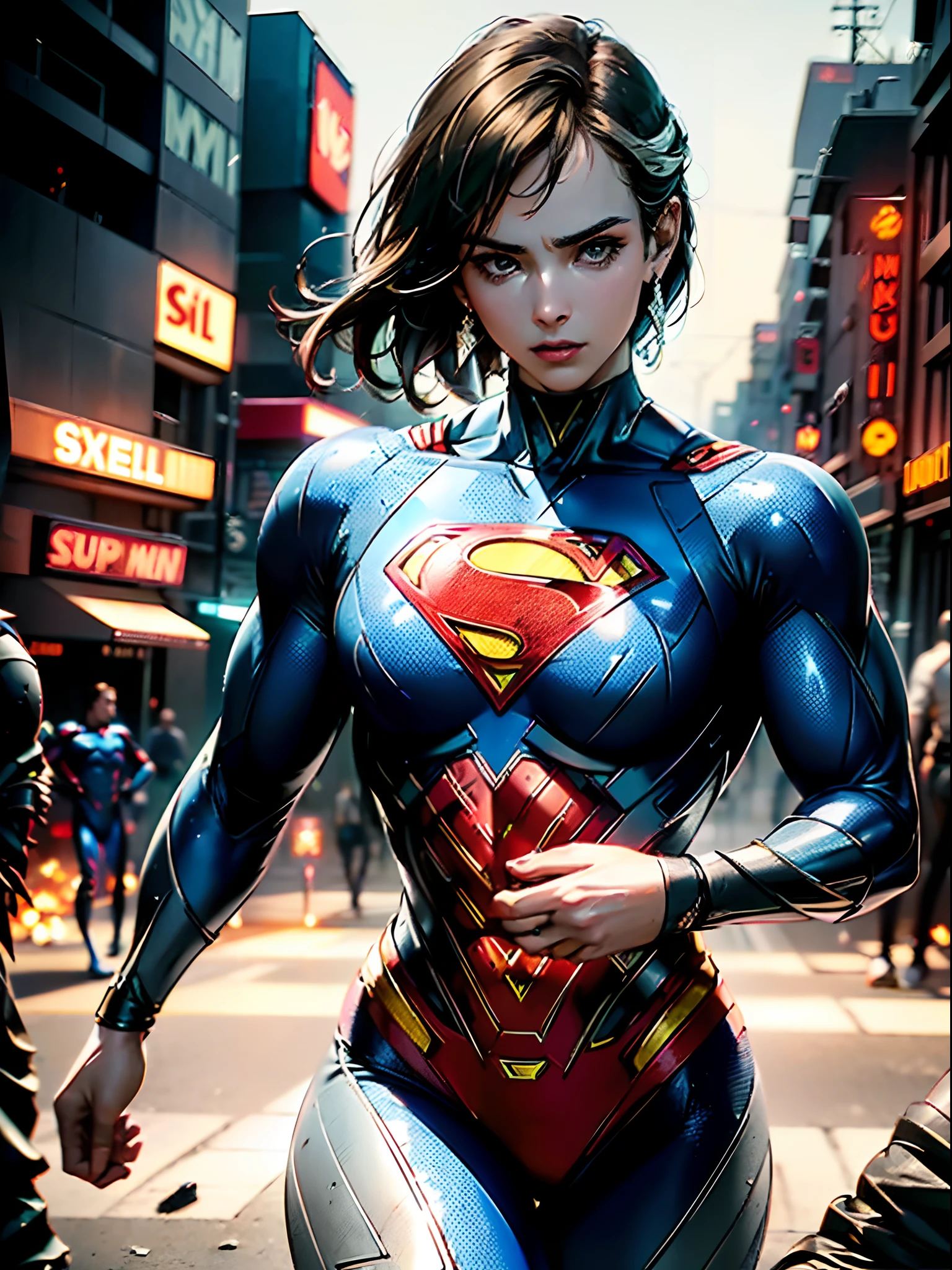 action shots of M1lly4c0k2222 ((wearing a sexier revealing black and silver version of the evil superman suit man of steel)), large breasts, toned body, (explosions in the background a city in ruins), Style-BladeRunner2049-8v Intricate, High Detail, Sharp focus, dramatic, ((photorealistic))