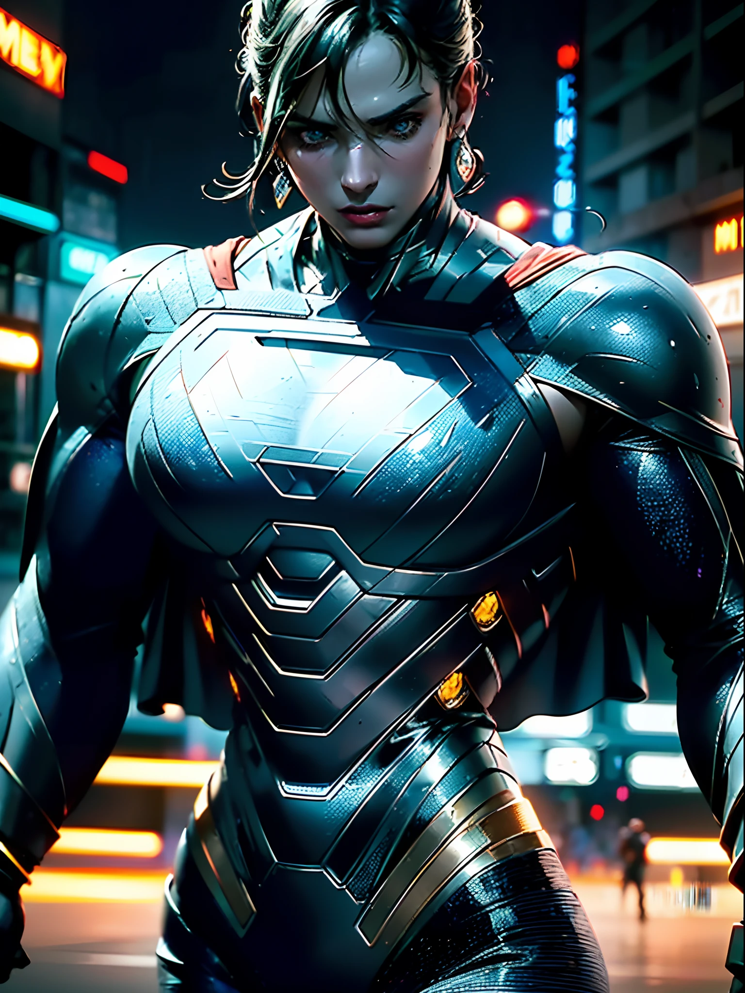 action shots of M1lly4c0k2222 ((wearing a sexier revealing black and silver version of the evil superman suit man of steel)), large breasts, toned body, (explosions in the background a city in ruins), Style-BladeRunner2049-8v Intricate, High Detail, Sharp focus, dramatic, ((photorealistic))