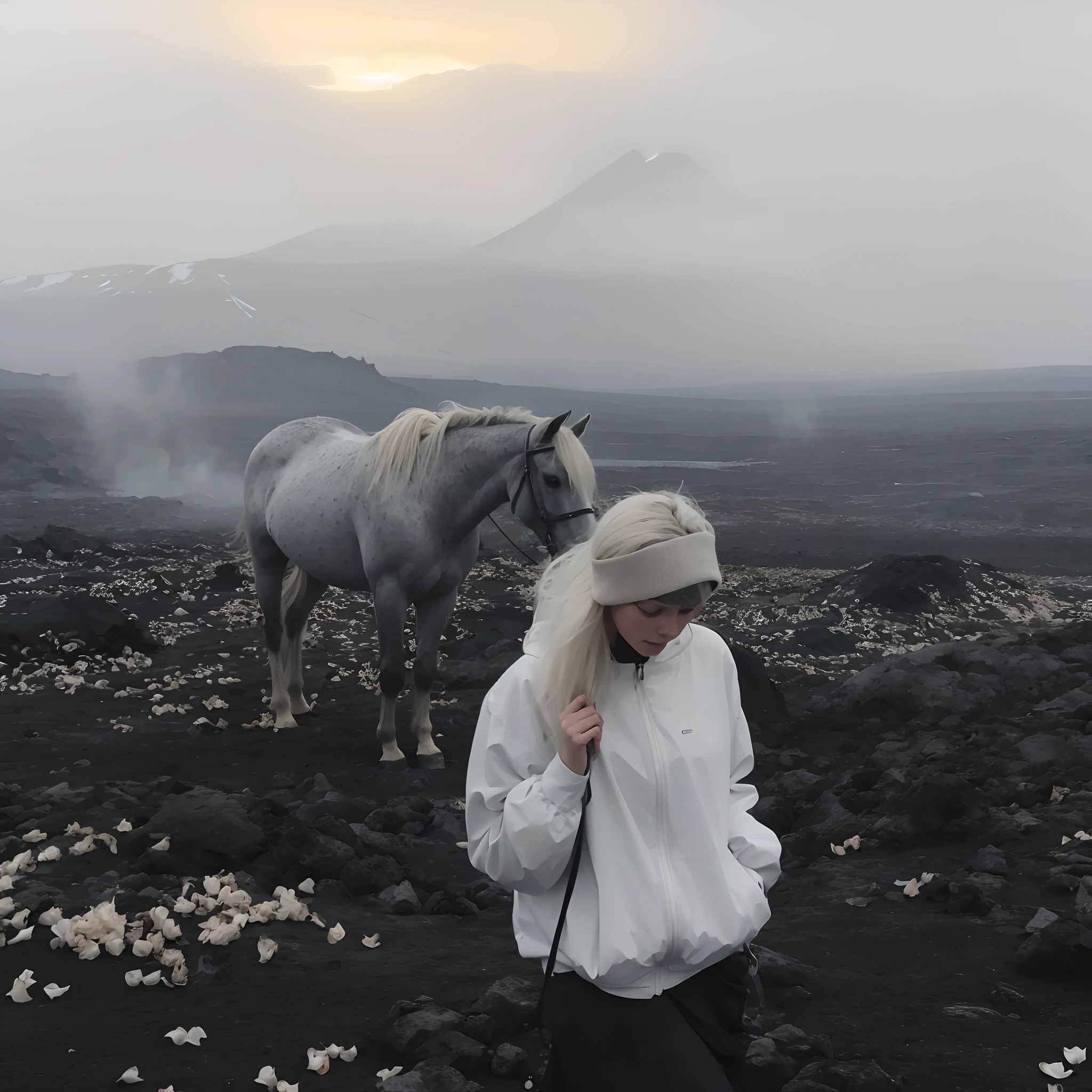 There was a woman standing in the field with a horse, in volcano, Louisa Matthiasdotil, inspired by Louisa Matthíasdóttir, julia hetta, in volcano, iceland, iceland photography, horse in background, Real hell view in the background, In the volcano, standing close to volcano, with a volcano in the background