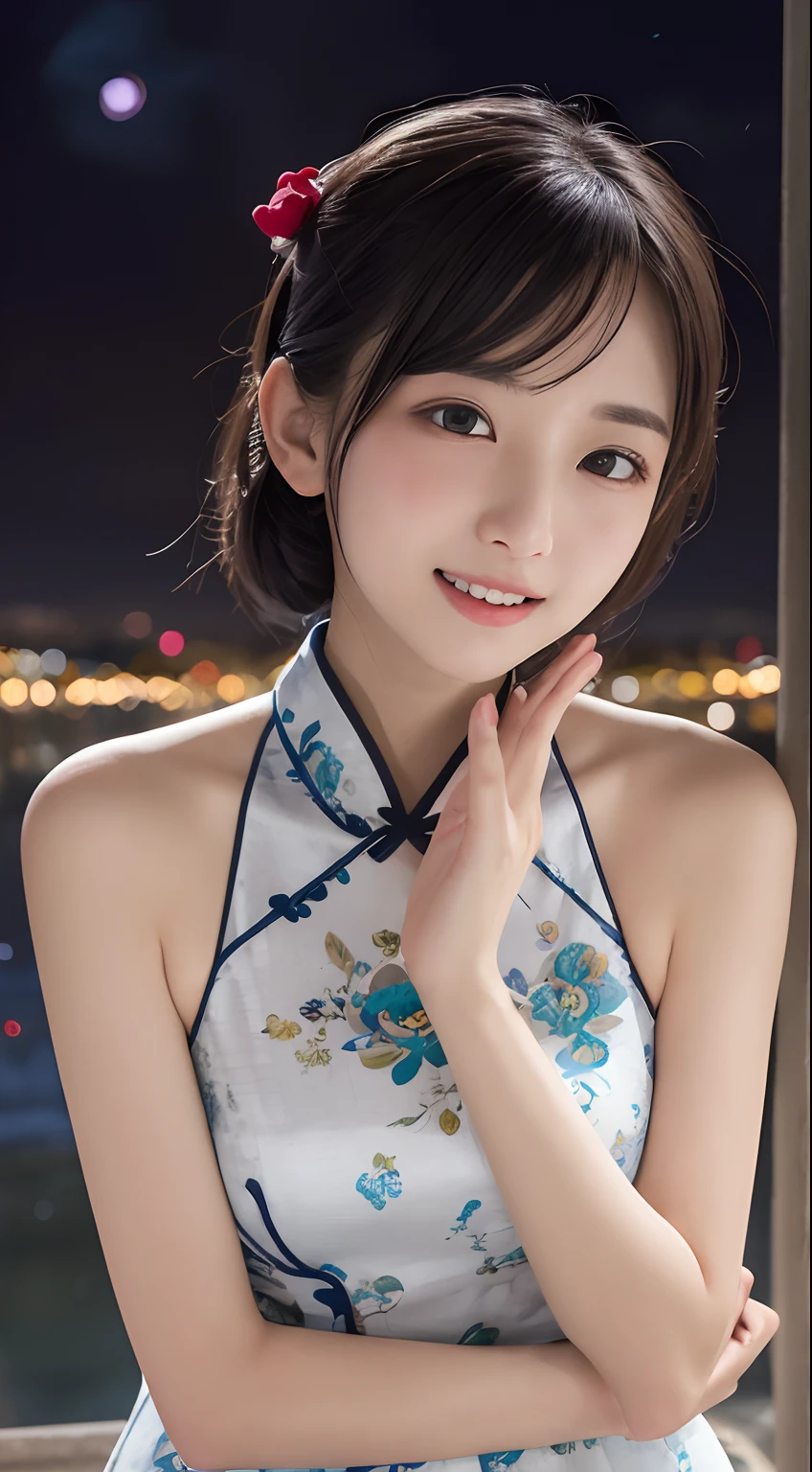 masutepiece, Best Quality, 8K, 10yo student, Teen, Raw photo, absurderes, award winning portrait, Smile, Solo, (Night:1.8), Idol face, violaceaess, Delicate girl, Upper body, Digital SLR, Looking at Viewer, Candid, Sophisticated,Thin arms, Professional Lighting, Film grain, chromatic abberation, (Eyes and faces with detailed:1.0), (Bokeh:1.1) , (qipao dress:1.0) , closes mouth