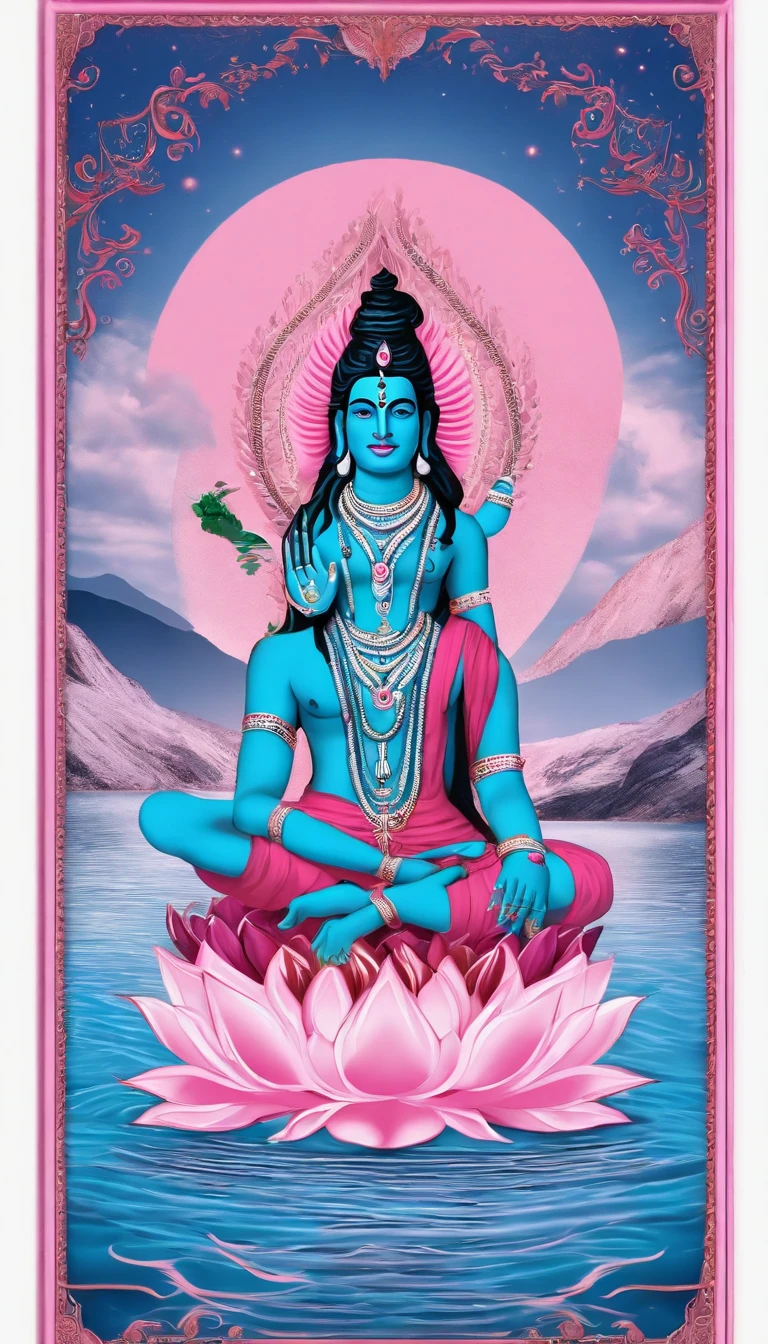 Blue skin，dreadlock hair，Male Lord Shiva，slender，pink there，，natta，Surrounded by lakes