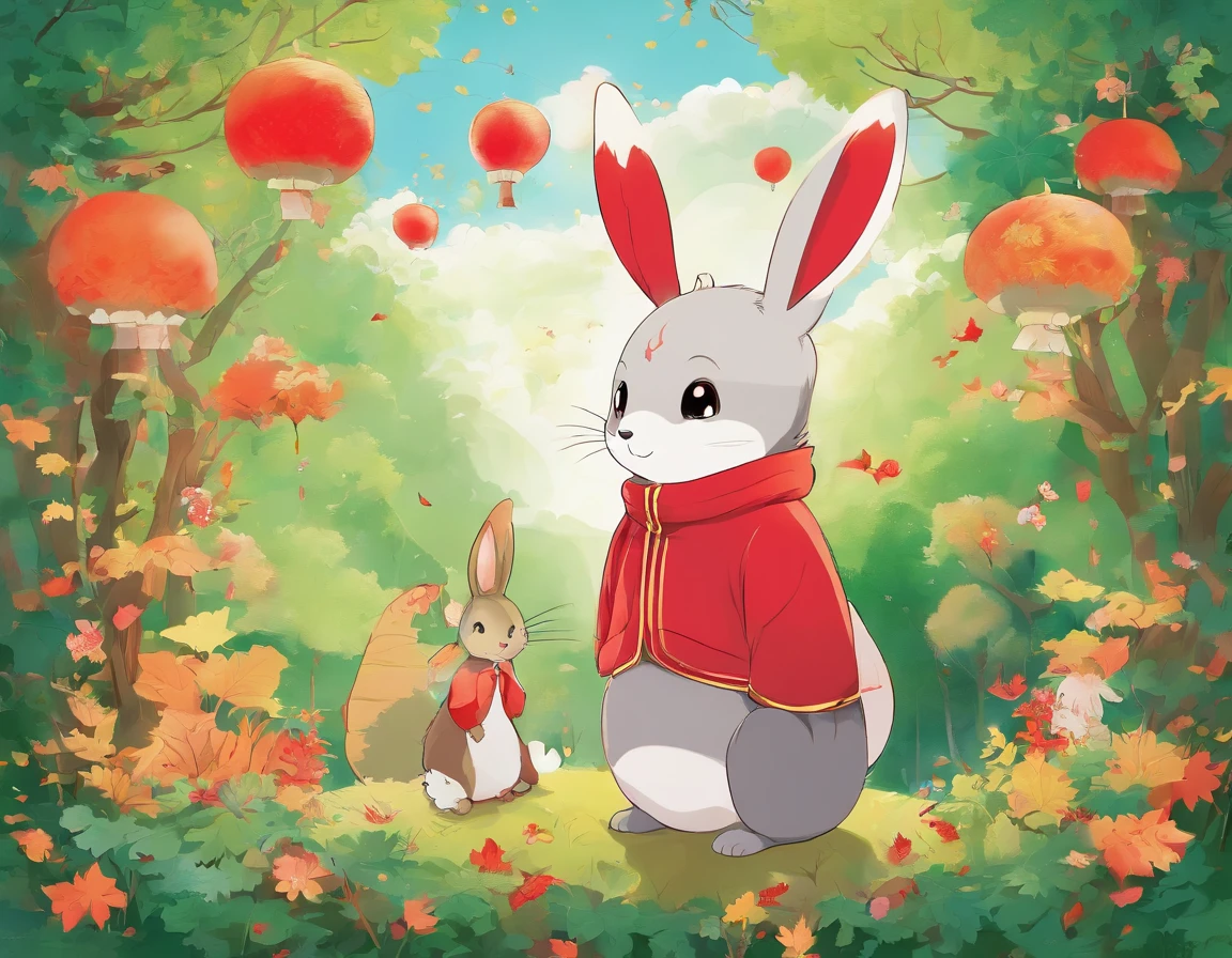 The photo shows the autumn forest，Red flowers and green leaves everywhere。Animals discuss how to celebrate birthdays in their homeland，A small swallow holds hydrangea petals and makes a five-star red flag，The little rabbit blows a balloon and hangs it on a large tree，A small squirrel makes a series of lights from pine cones。