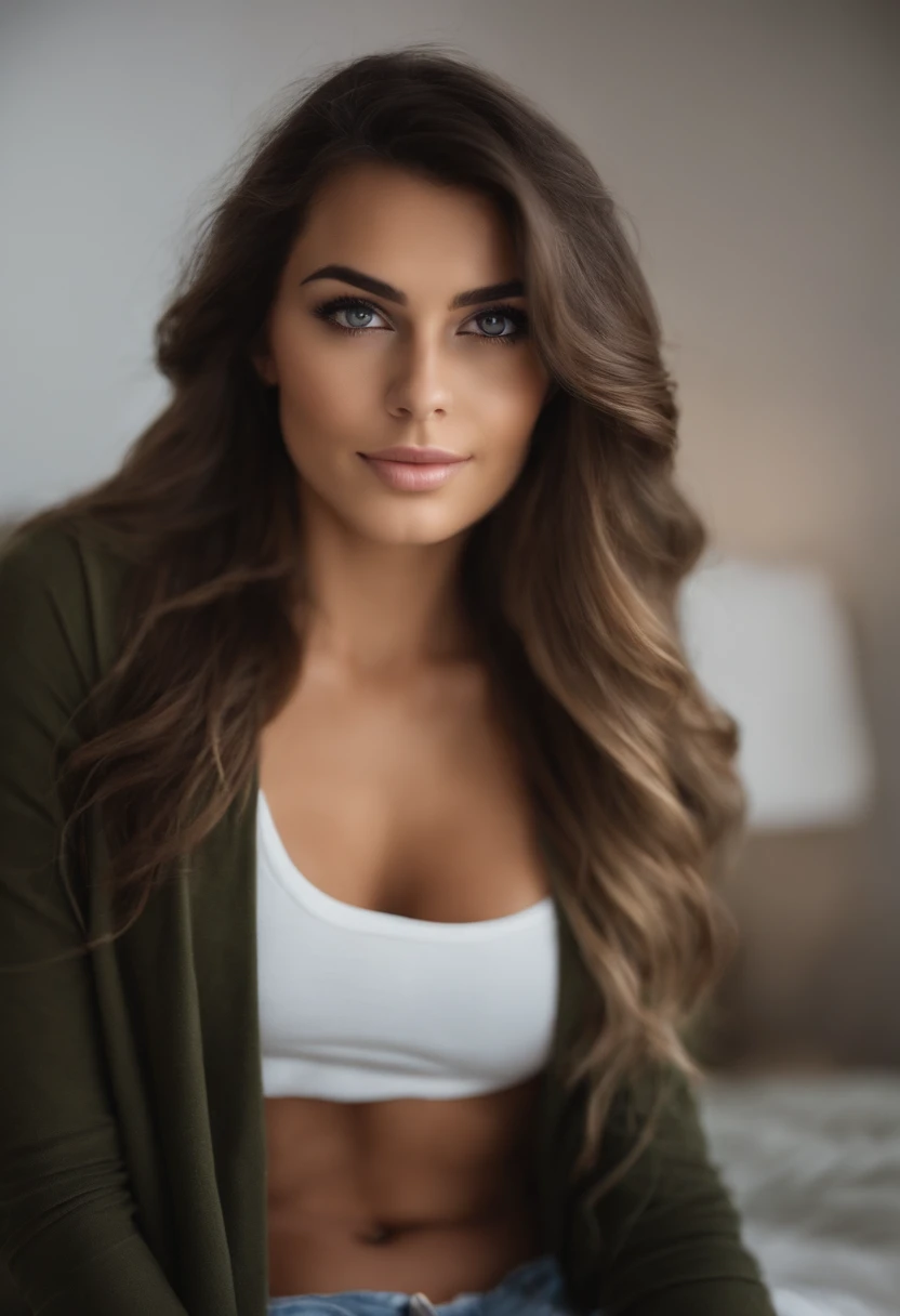 Arafed woman with a white tank top and necklace, fille sexy aux yeux verts, Portrait Sophie Mudd, cheveux bruns et grands yeux, selfie of a young woman, Yeux de chambre, Violet Myers, sans maquillage, maquillage naturel, looking straight at camera, Visage avec Artgram, Maquillage subtil, Superbe photo du corps entier, piercing green eyes