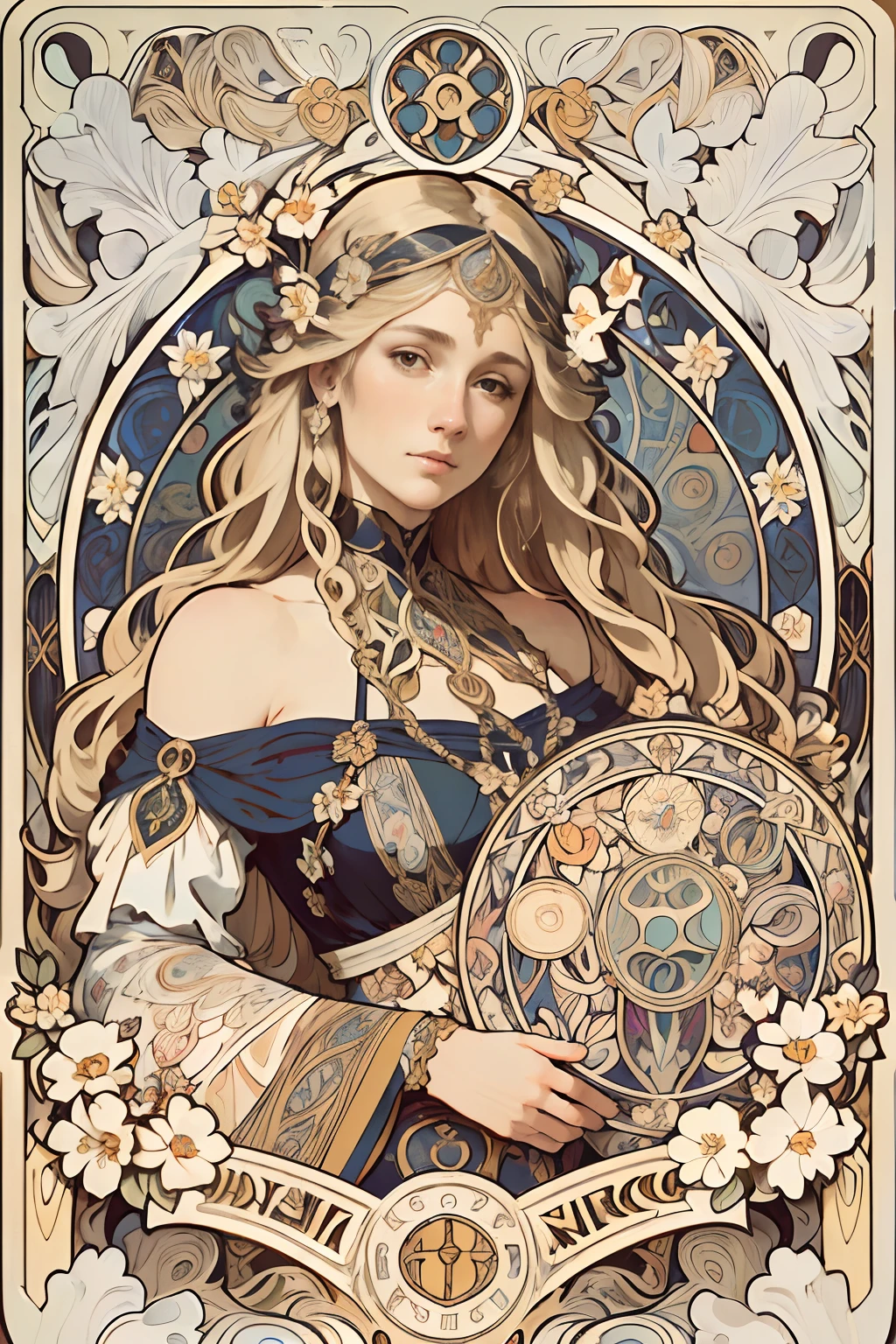 face portrait of a  European female , long curly hair, blond, floral frame, Decorative panels, abstract
artistic, by Alphonse Mucha, (Masterpiece, Best Quality, Highres:1.4), Detailed, Intricate Details, 4K, color splashes, line art,   fibonacci, in style alfons mucha and in the form of tarot card