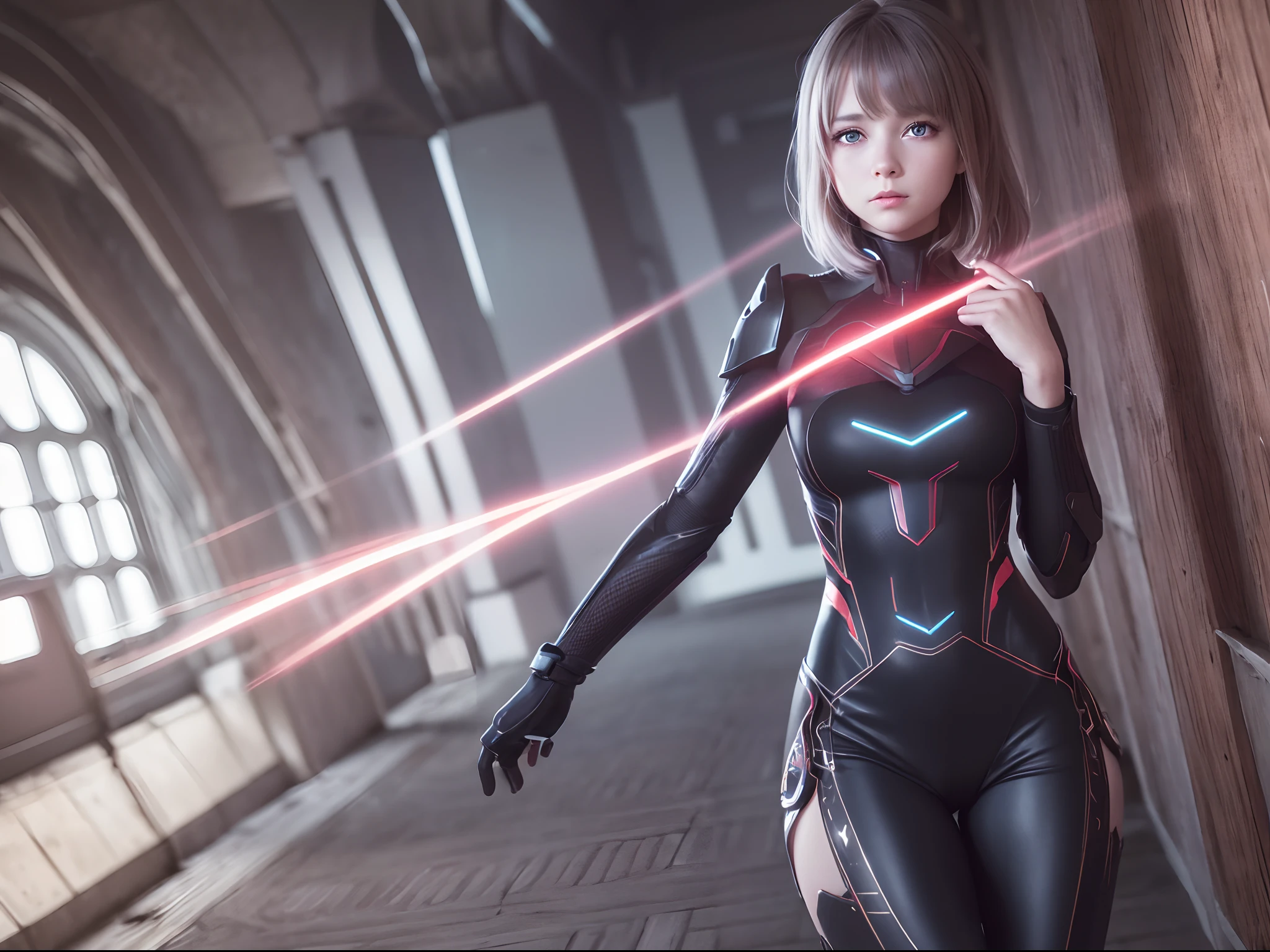 (Extremely detailed Cg Unity 8K wallpaper,Masterpiece),(Best illumination, Best shadow, An extremely delicate and beautiful),(1little girl),Blue eyes, Dark hair,Red and black sci-fi tights,Neck sealing,High-tech sci-fi corridor, Dynamic pose, Detailed mechanics, SleekDesign.