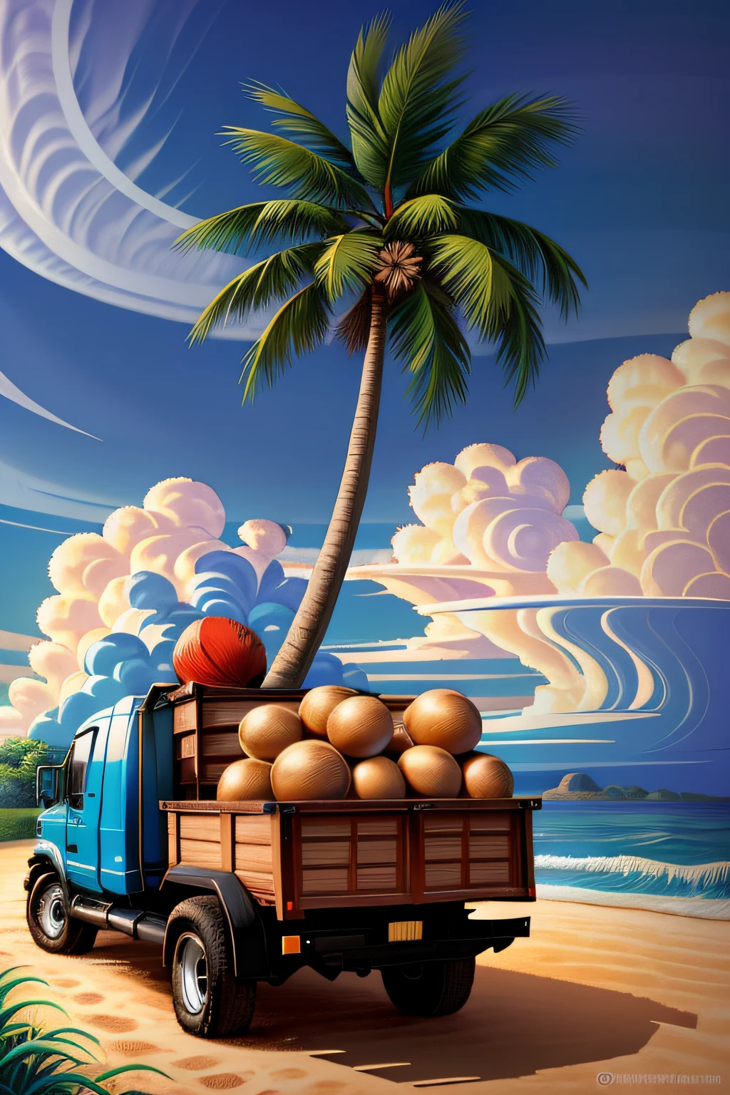 ((Masterpiece,Best quality)), （Shipping coconuts）A hardworking truck driver transports a truckload of coconuts，Small characters and large background，surrounded by cloud， young  male，blue color eyes, White T-shirt，denim pant, coconut，green color，Cinematic composition, Palm trees and beach in the background，Waves do prospect, Southeast Asian elements，peace,vibrancy，