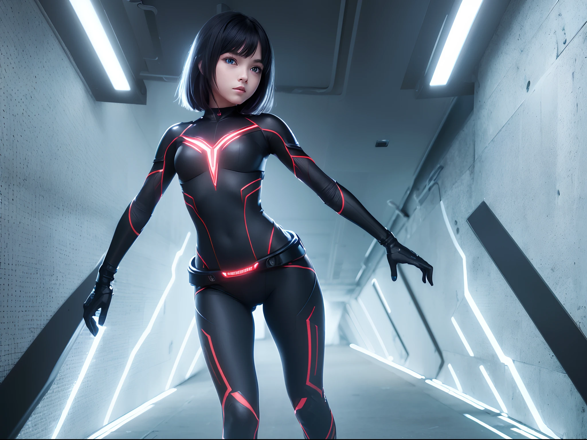 (Extremely detailed Cg Unity 8K wallpaper,Masterpiece),(Best illumination, Best shadow, An extremely delicate and beautiful),(1little girl),Blue eyes, Dark hair,Red and black sci-fi tights,Neck sealing,High-tech sci-fi corridor, Dynamic pose, Detailed mechanics, SleekDesign.