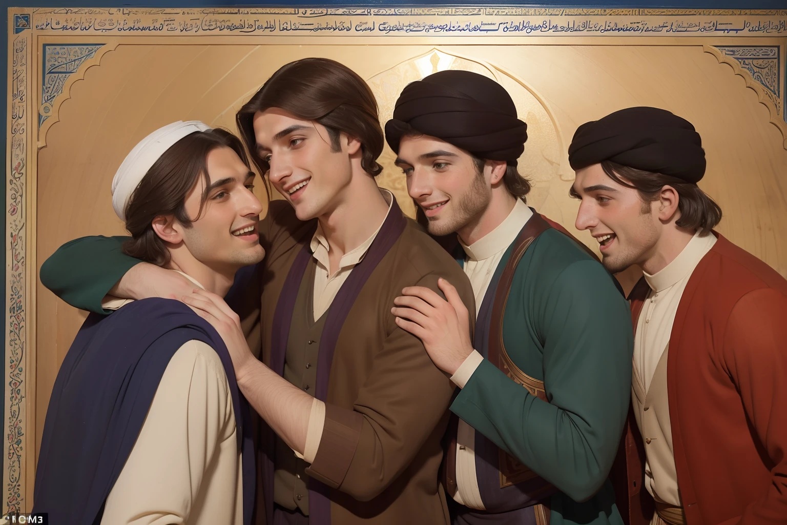 Year: 11th century. Location: Ispahan. Pre-raphaelite scene with three men, a 24-year-old (english man), physician, with two more young men, celebrating, smiling, hugging with joy, ((happiness)) ((excitement)) ((friends)), ((((11th century qamis)))) ((11th century hairstyle)), (((cinematic style)))