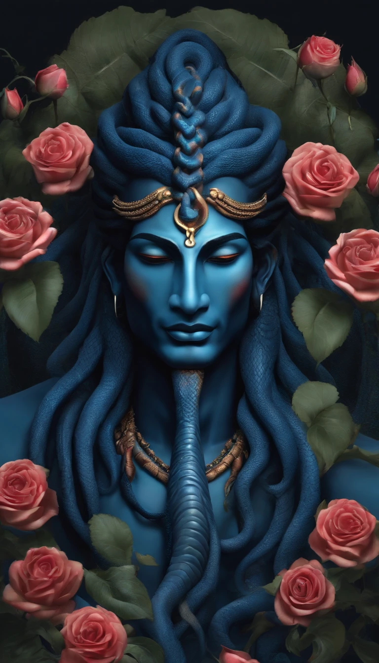 Blue skin，dreadlock hair，Snake male Lord Shiva on the neck，slender，Face surrounded by roses