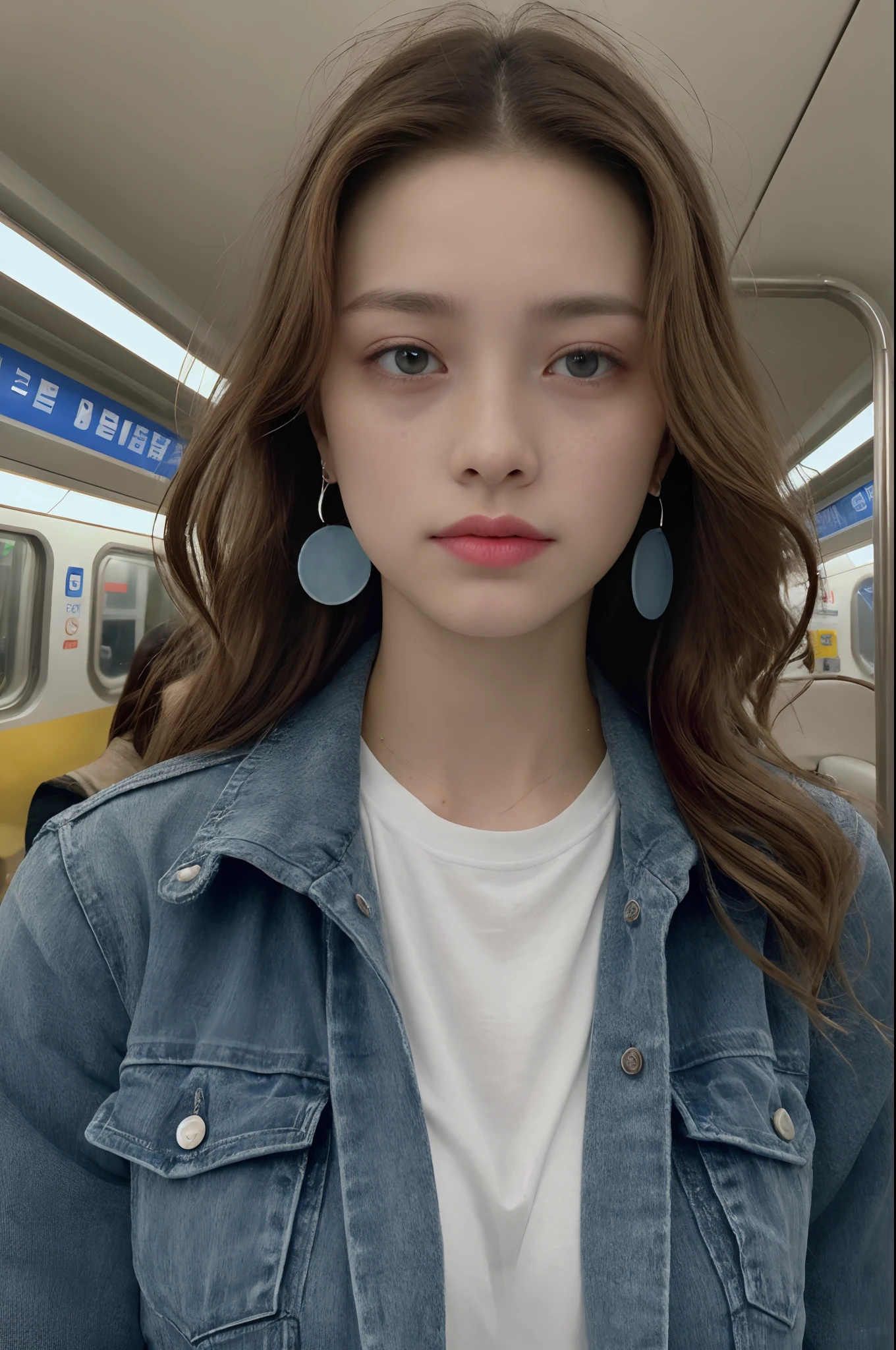 ((Pre-teen)), beautiful girl, freckles on her face, light blue eyes, big earrings, white t-shirt, jacket, black Leggings, full body, shot from below, very light skin, very long hair, wavy hair, red hair , busy subway car, photorealistic, Indirect lighting, volumetric light, ray tracing, hyper-detailed, best quality, ultra-high resolution, HDR, 8k
