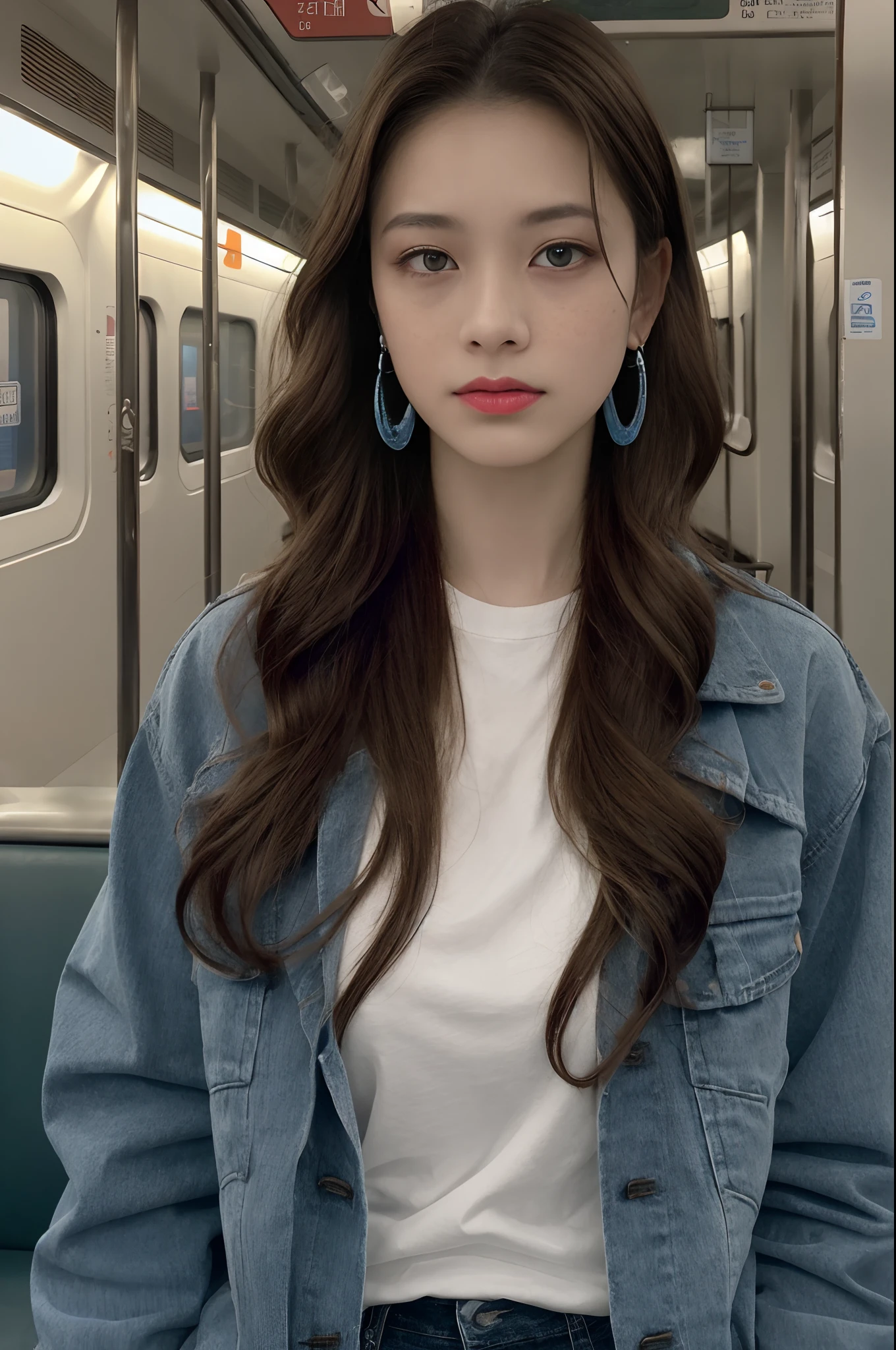 (()), beautiful girl, freckles on her face, light blue eyes, big earrings, white t-shirt, jacket, black Leggings, full body, shot from below, very light skin, very long hair, wavy hair, red hair , busy subway car, photorealistic, Indirect lighting, volumetric light, ray tracing, hyper-detailed, best quality, ultra-high resolution, HDR, 8k