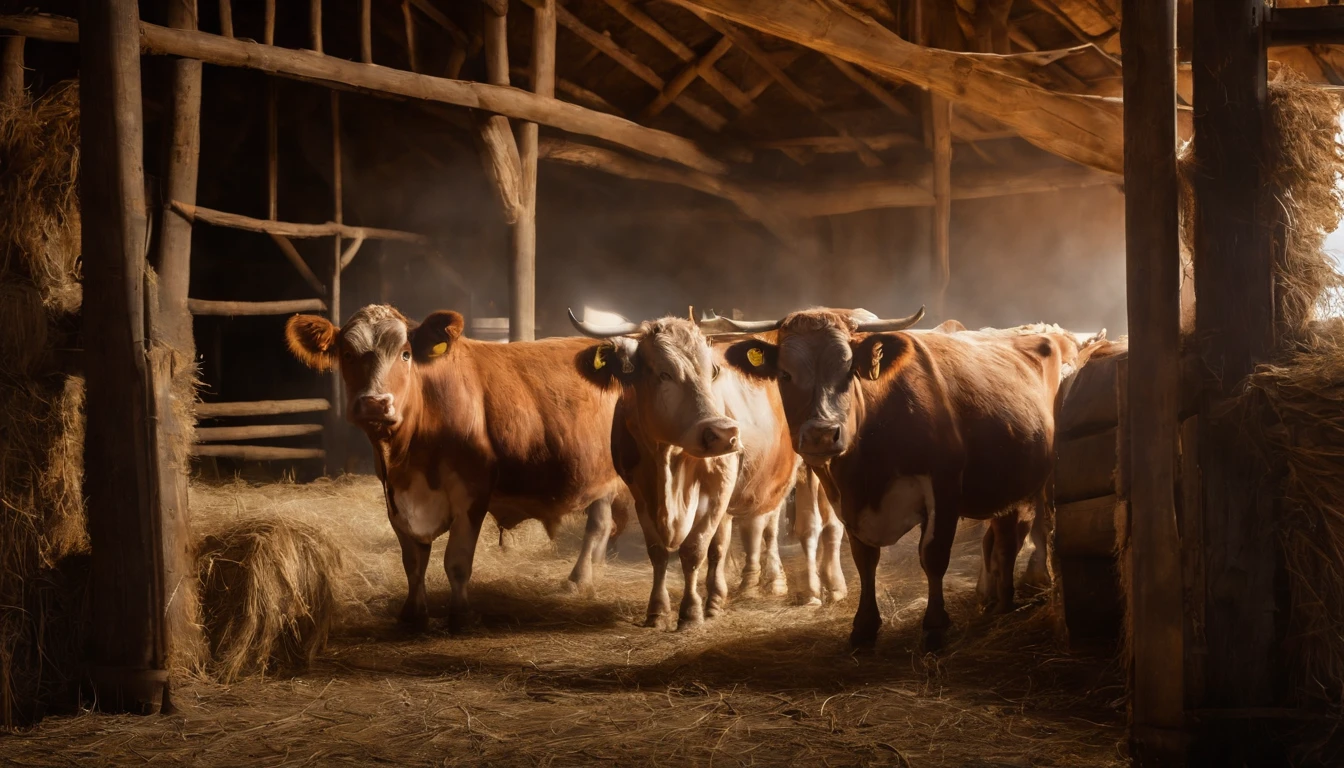 Imagine a breathtaking scene that captures a rustic, authentic barn on a farm, in all its glory. The barn is filled with healthy, robust livestock, including cows, bulls and calves. The animals are in their natural environment, grazing and interacting in a calm and serene way. Morning sunlight floods the barn, illuminating every detail of the scene, revealing the texture of the barn's wooden planks and the sparkle in the animals' eyes. The sound of cattle's soft mooing and the fresh smell of the countryside permeate the image, adding depth to the viewing experience.

The image quality is absolutely exceptional, with every fur, muscle and animal expression being reproduced with photographic precision. This image provides an authentic and realistic view of life on a farm, with rich details and colors that make you feel like you are there. It is a scene that conveys the beauty and serenity of country life.
