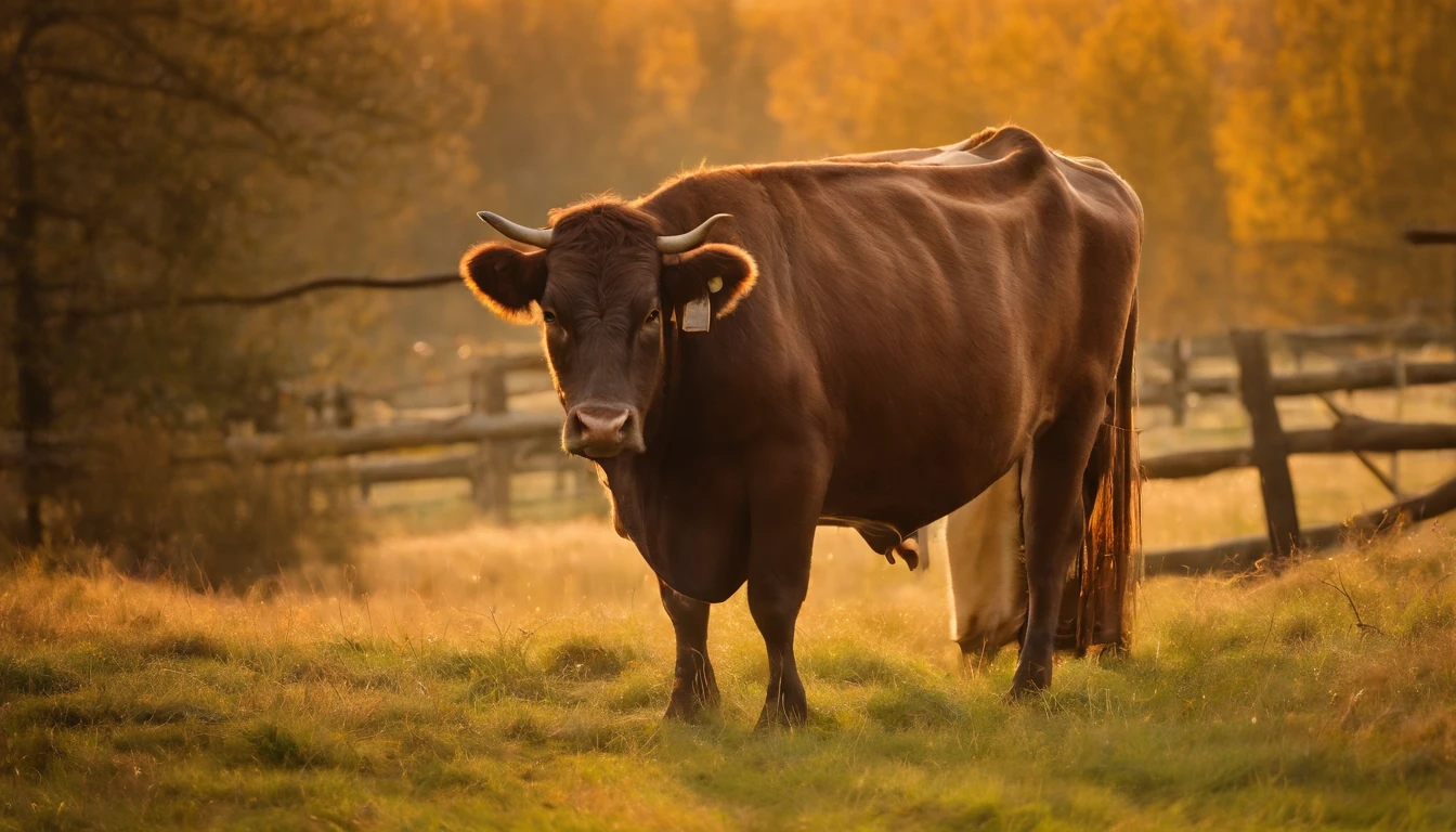 Imagine a breathtaking scene that captures a rustic, authentic barn on a farm, in all its glory. The barn is filled with healthy, robust livestock, including cows, bulls and calves. The animals are in their natural environment, grazing and interacting in a calm and serene way. Morning sunlight floods the barn, illuminating every detail of the scene, revealing the texture of the barn's wooden planks and the sparkle in the animals' eyes. The sound of cattle's soft mooing and the fresh smell of the countryside permeate the image, adding depth to the viewing experience.

The image quality is absolutely exceptional, with every fur, muscle and animal expression being reproduced with photographic precision. This image provides an authentic and realistic view of life on a farm, with rich details and colors that make you feel like you are there. It is a scene that conveys the beauty and serenity of country life.