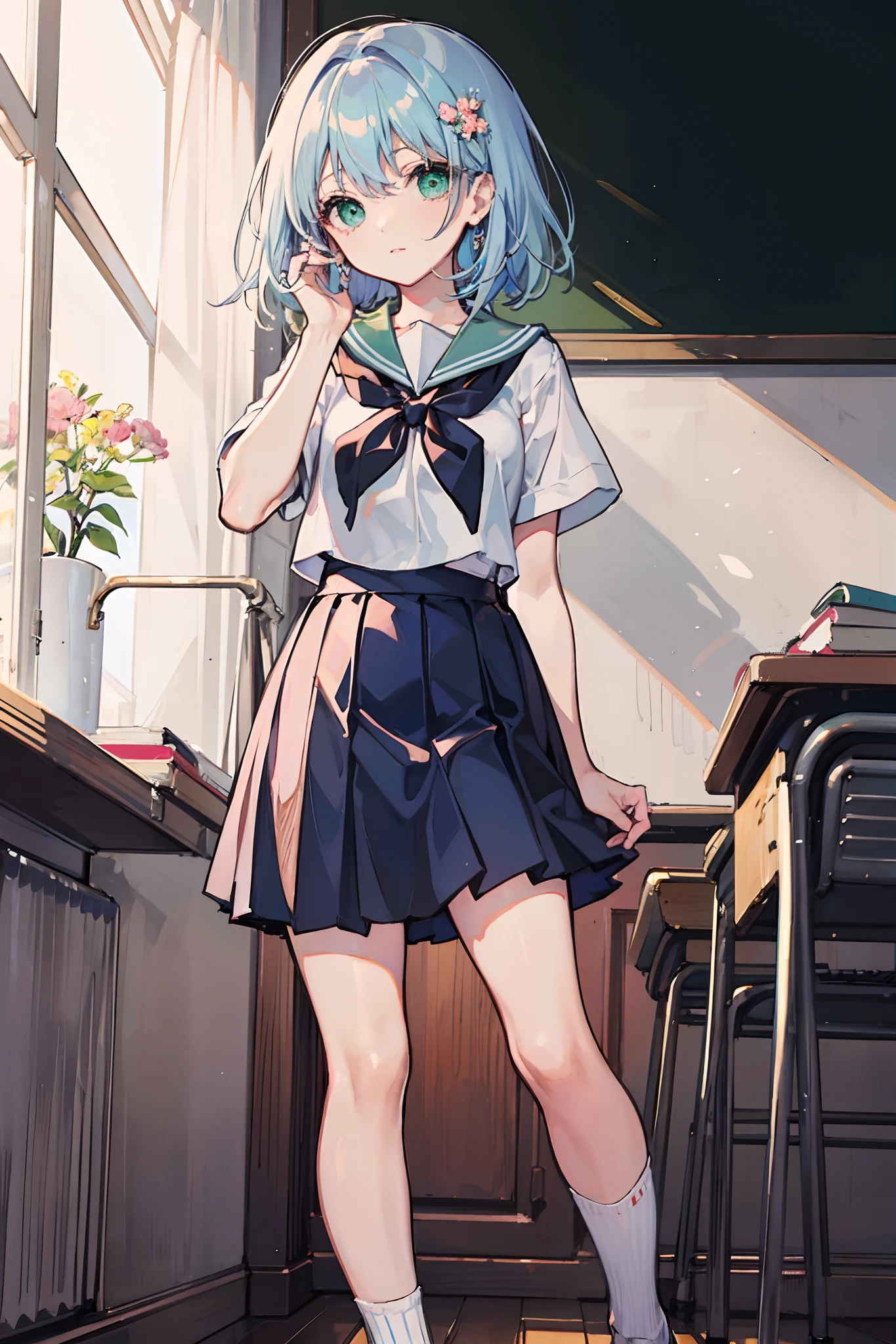 masterpiece, best quality, bishoujo, hair over shoulder, light blue hair, green eyes, school uniform, socks, hair flower,