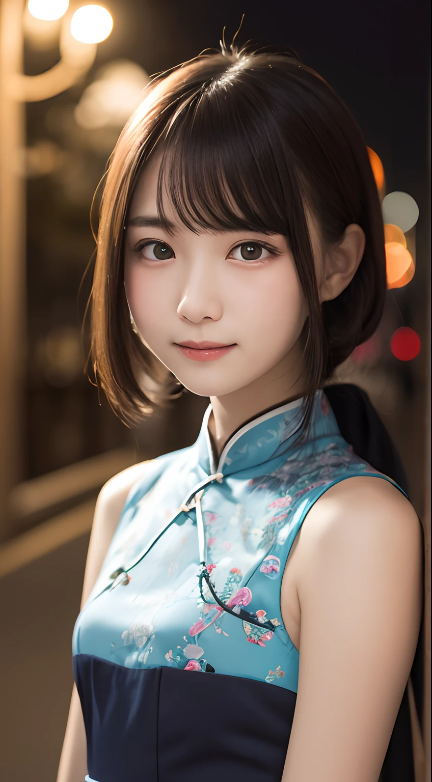 quality,写真のquality,ultra high resolution,professional lighting,,beautiful actress,thin face,healthy complexion,Japanese,black hair,（short bangs),ponytail,(cheongsam dress 1.1),small breasts,natural makeup,resort