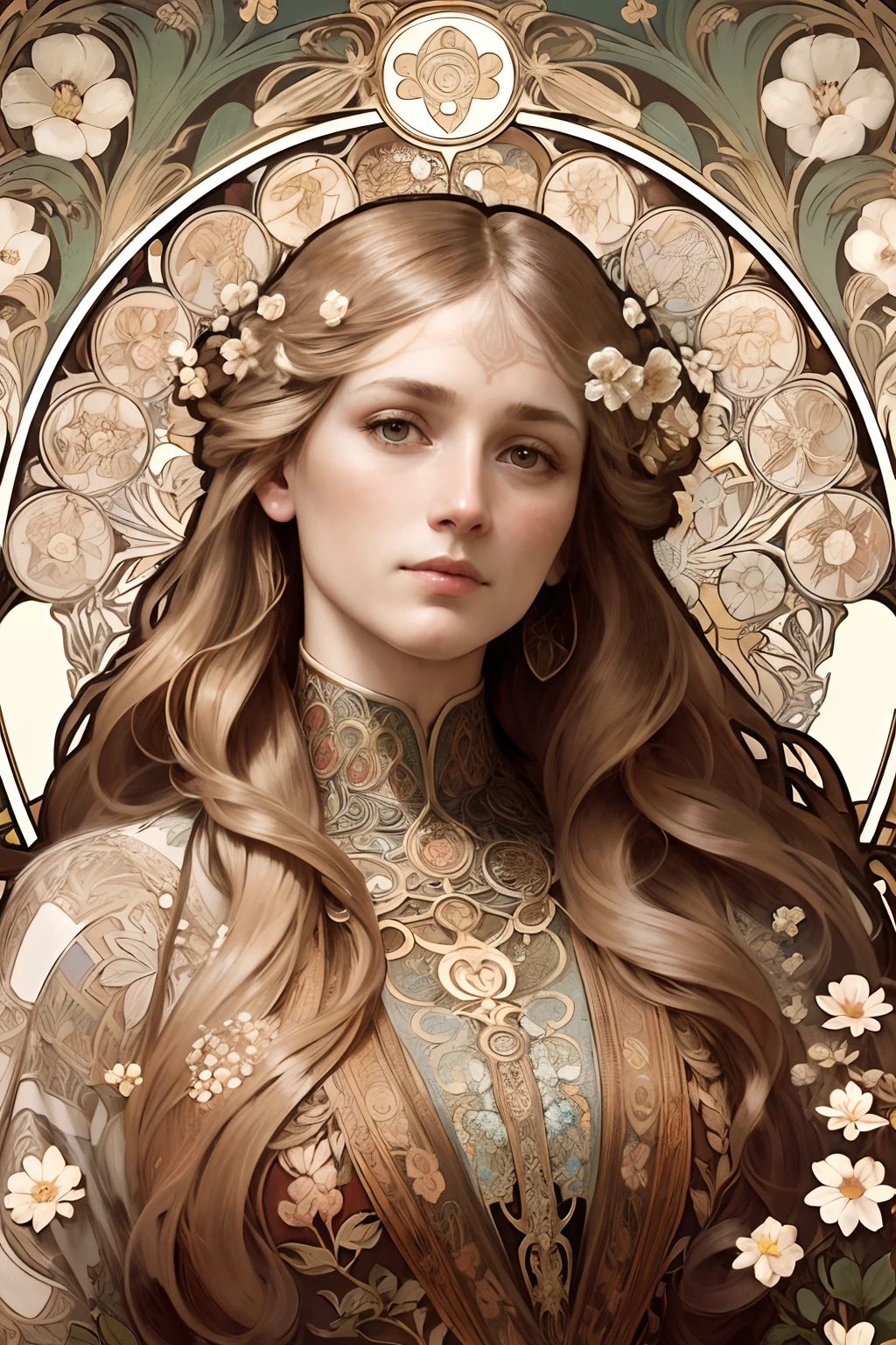 face portrait of a European female , long curly hair, blond, floral frame, Decorative panels, abstract
artistic, by Alphonse Mucha, (Masterpiece, Best Quality, Highres:1.4), Detailed, Intricate Details, 4K, color splashes, line art, fibonacci, in the style of alfons mucha