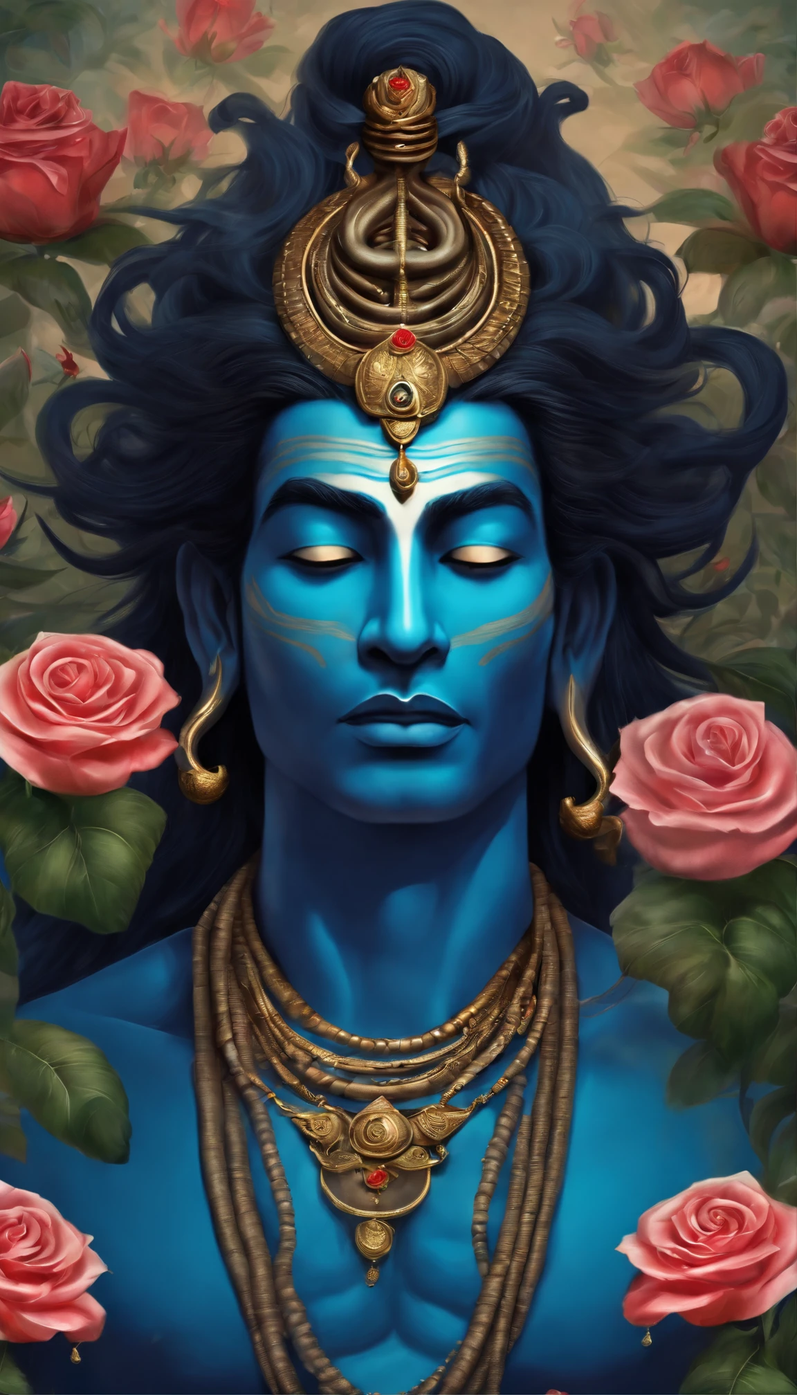 Blue skin，dreadlock hair，Snake male Lord Shiva on the neck，slender，Face surrounded by roses