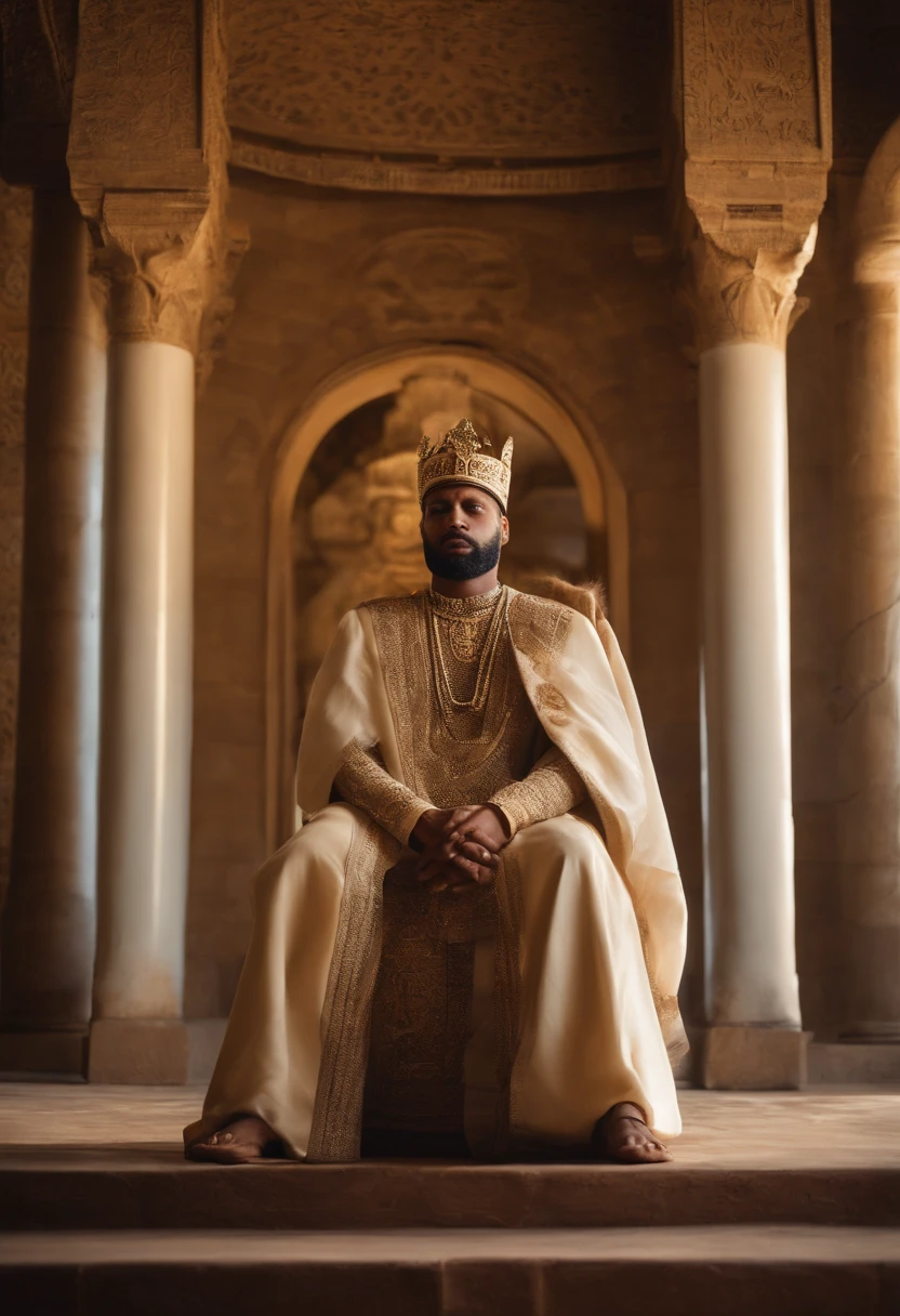 arafed man with a crown sitting on a chair, brown skin man egyptian prince, kemetic, sat in his throne, sitting on his throne, black jesus, man with a crown, handsome prince of persia, man is with black skin, portrait of a king, bearded man seated on a throne,no hair, regal pose, sitting on golden throne