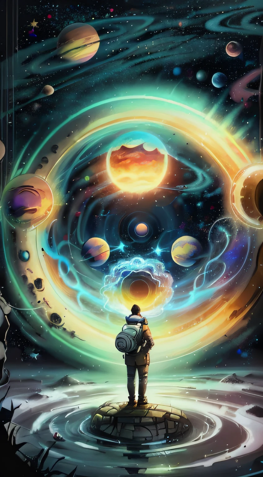 person, standing in front of a space portal overlooking the sun, Cyril Rolando and Goro Fujita, A portal to another universe, inspired by Cyril Rolando, Portal to another dimension, world, visible only through the portal, high quality fantasy stock photo, Portal to another world, Portal to outer space, in the style of Cyril Rolando, Looking into space, universe, Magical Galactic Portal, The Cycle of the Stars, God