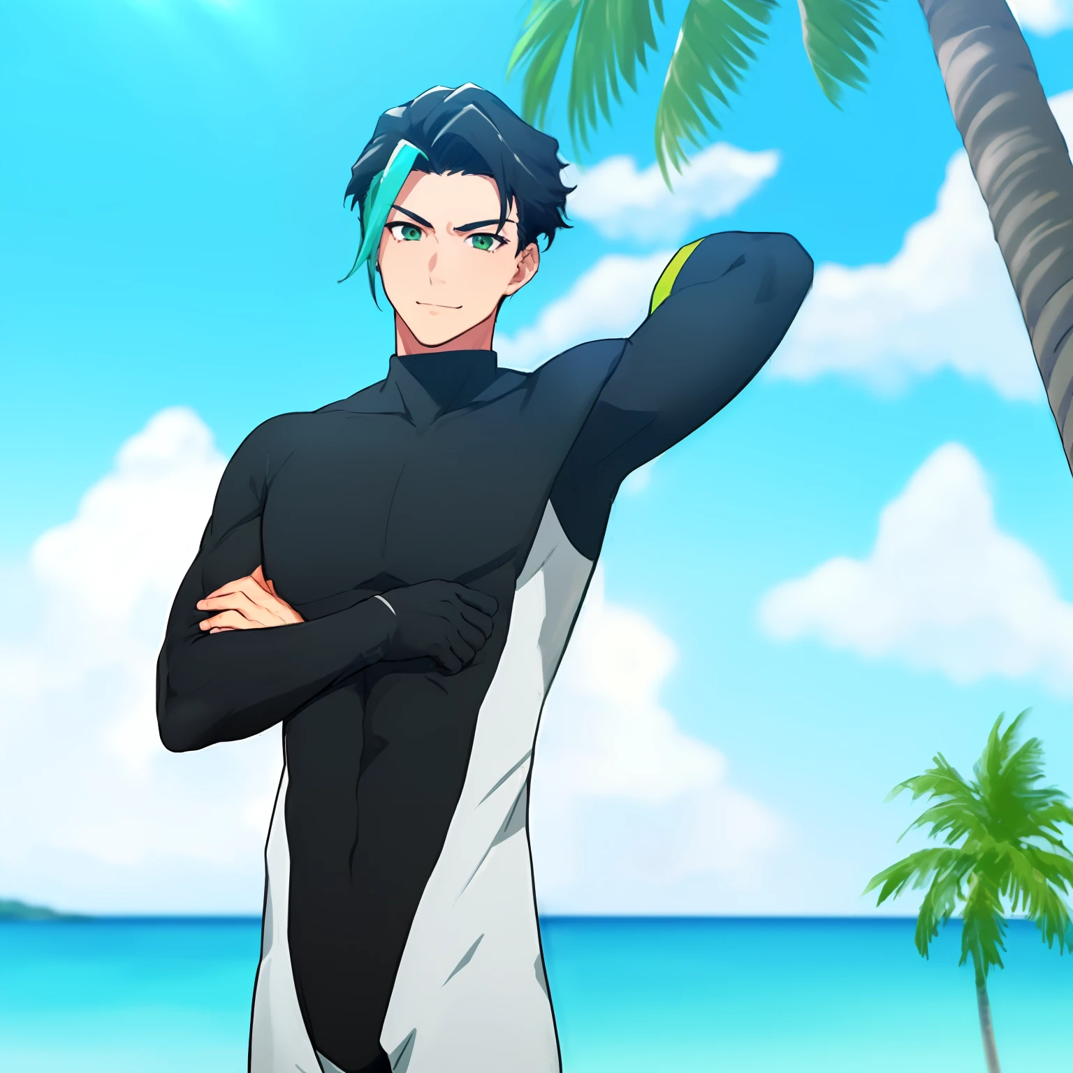 (((1boys, solofocus, Muscular male))), tightsuit, Wetsuit, facingviewer, view the viewer, Black hair, Green bangs, hair slicked back, Soichiro Williamsori stood up, beach, White waist, (((arms behind  head))), Coconut Tree, Light smile, The whole body of the machine